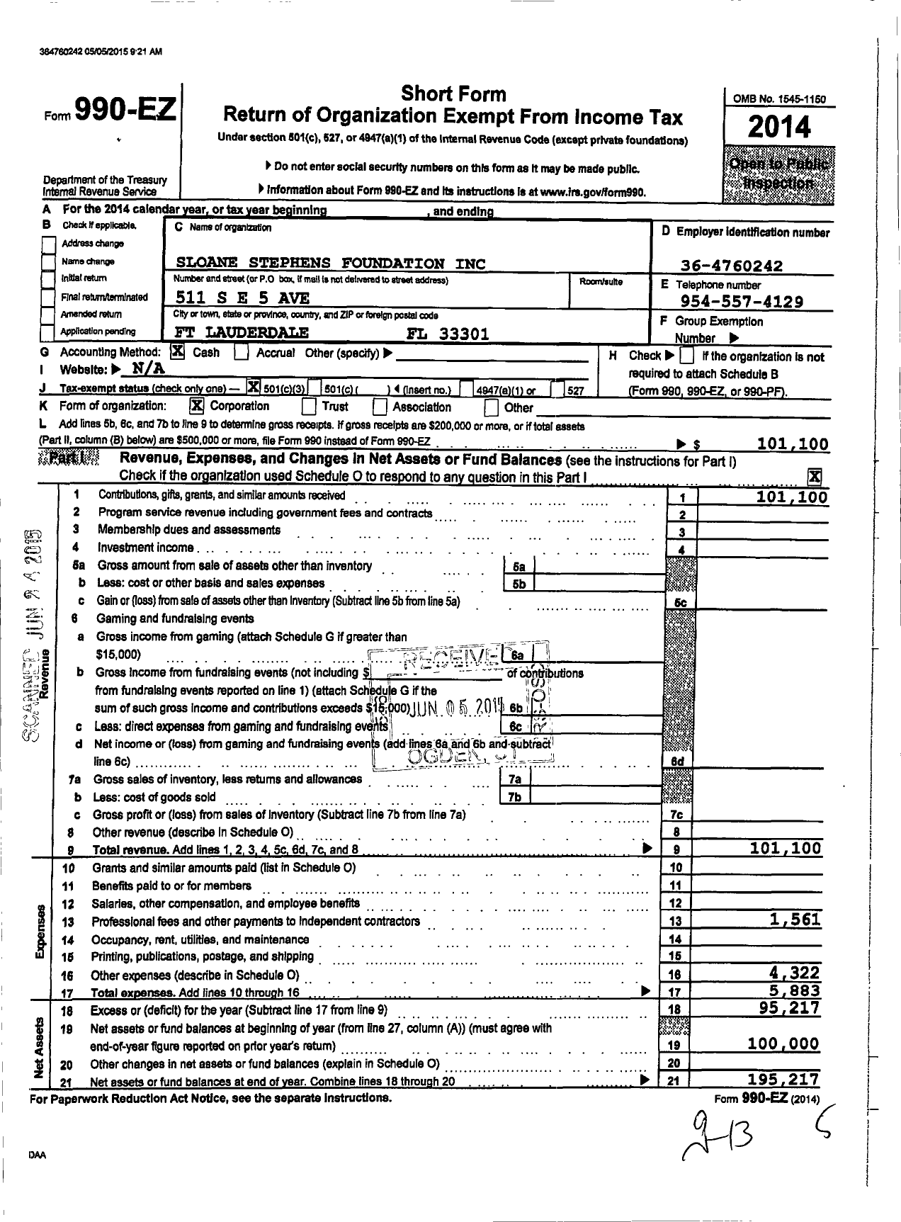 Image of first page of 2014 Form 990EZ for Sloane Stephens Foundation