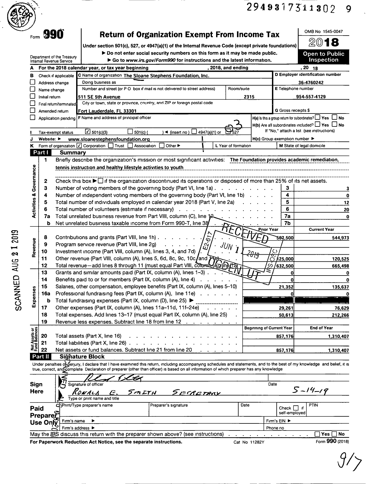 Image of first page of 2018 Form 990 for Sloane Stephens Foundation