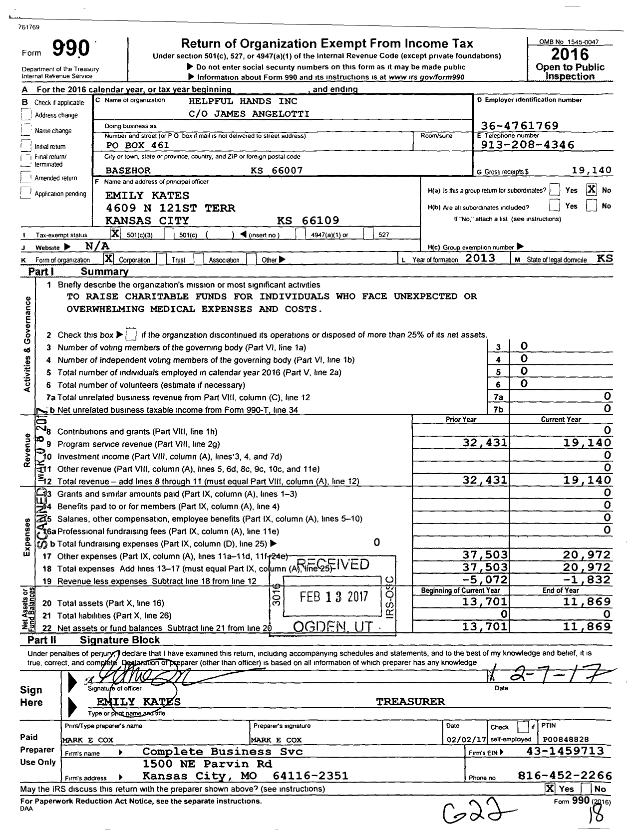 Image of first page of 2016 Form 990 for Helpful Hands