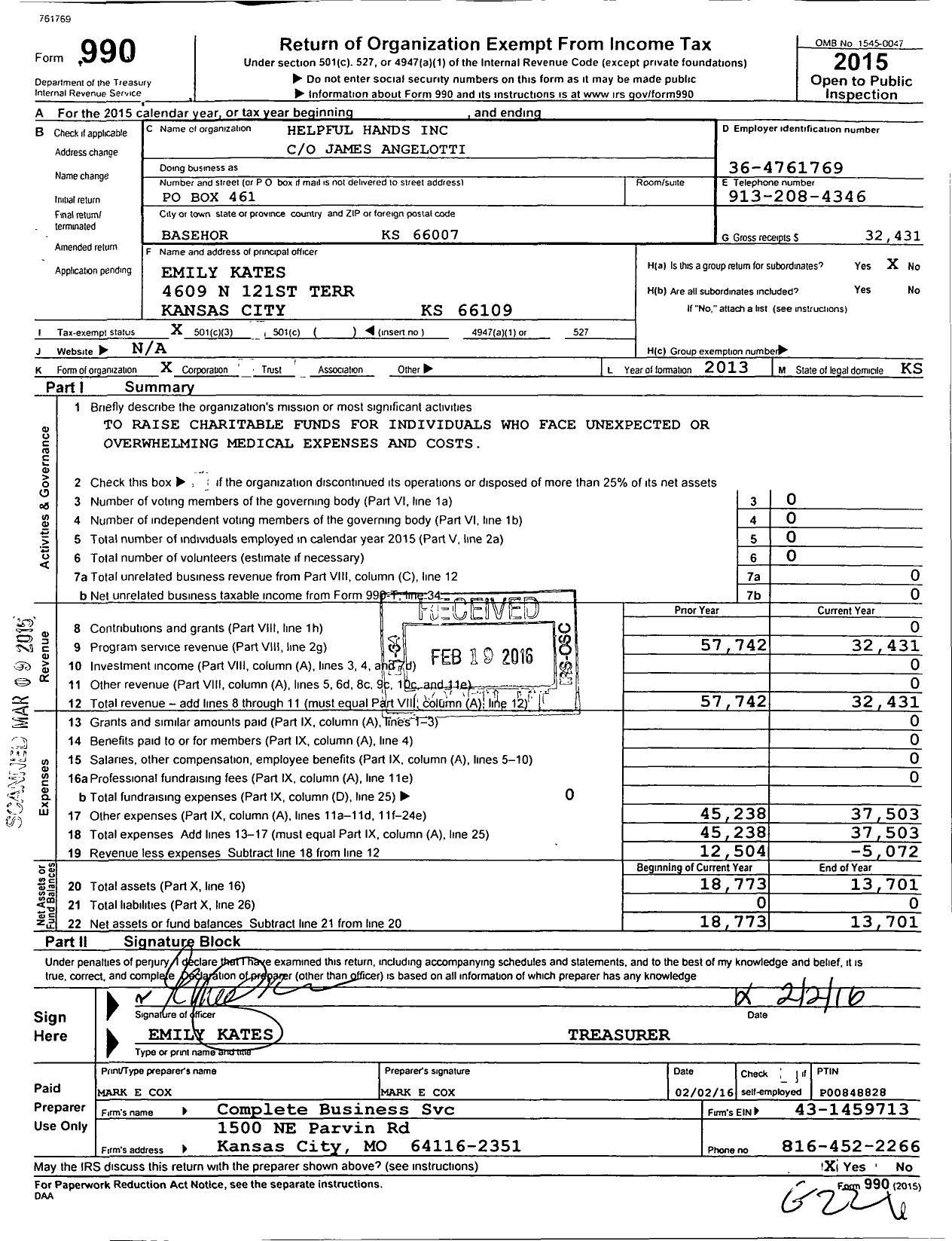Image of first page of 2015 Form 990 for Helpful Hands