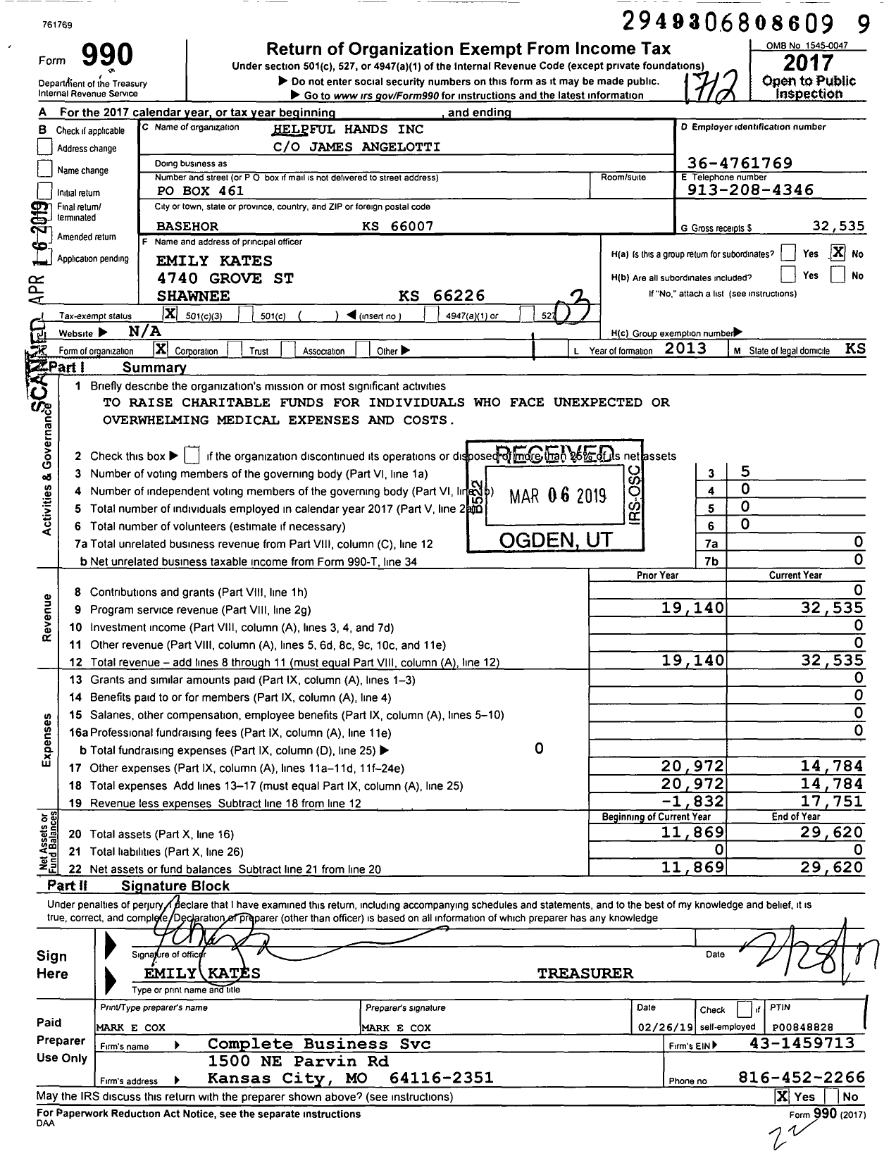 Image of first page of 2017 Form 990 for Helpful Hands