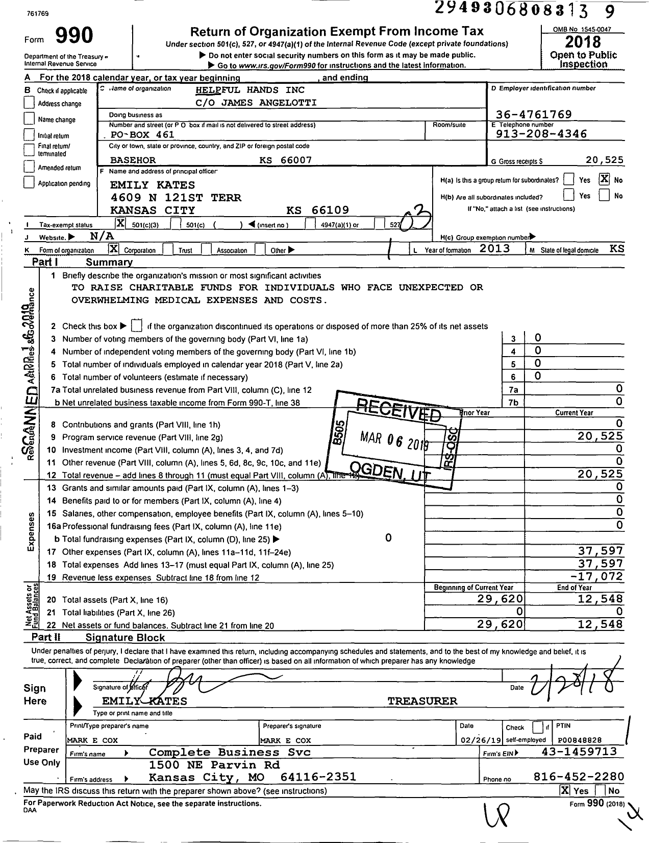 Image of first page of 2018 Form 990 for Helpful Hands
