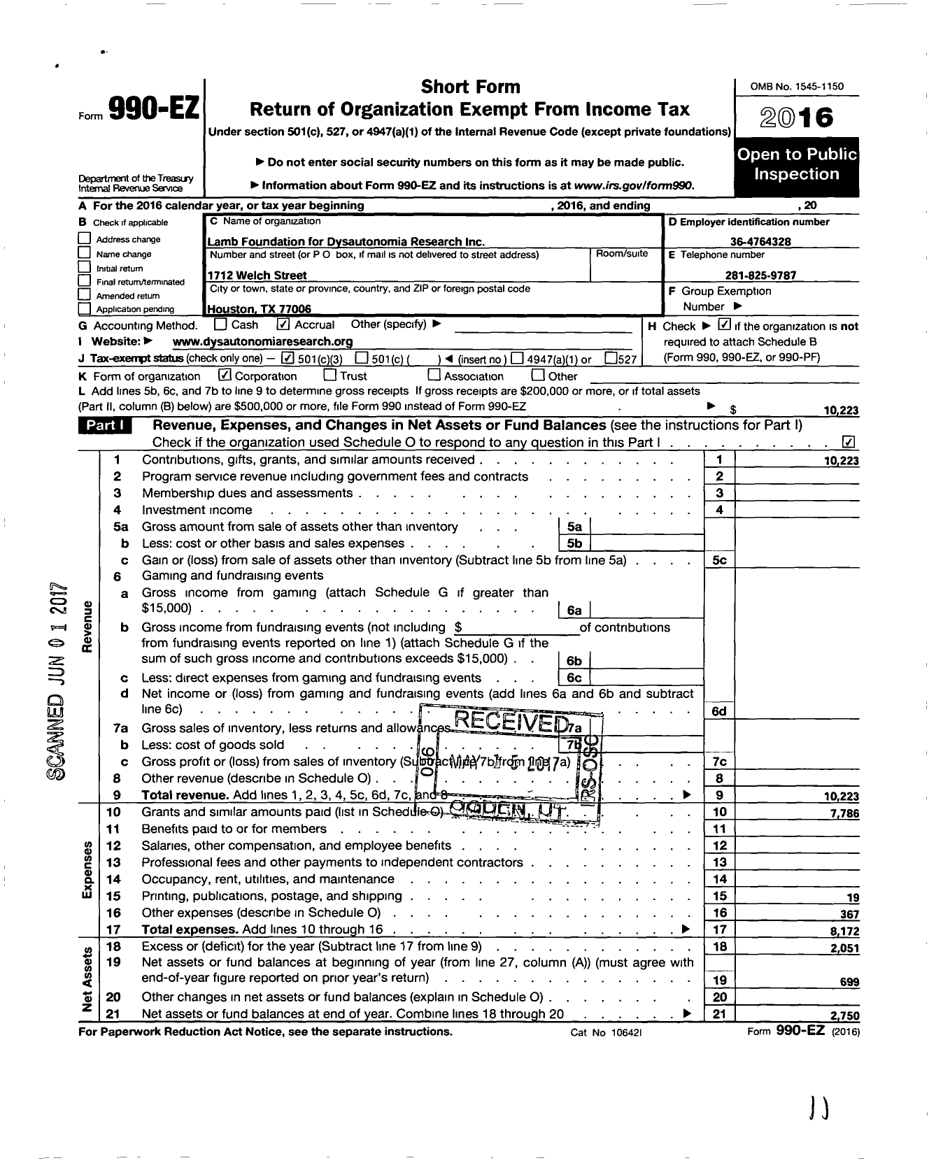 Image of first page of 2016 Form 990EZ for Lamb Foundation for Dysautonomia Research