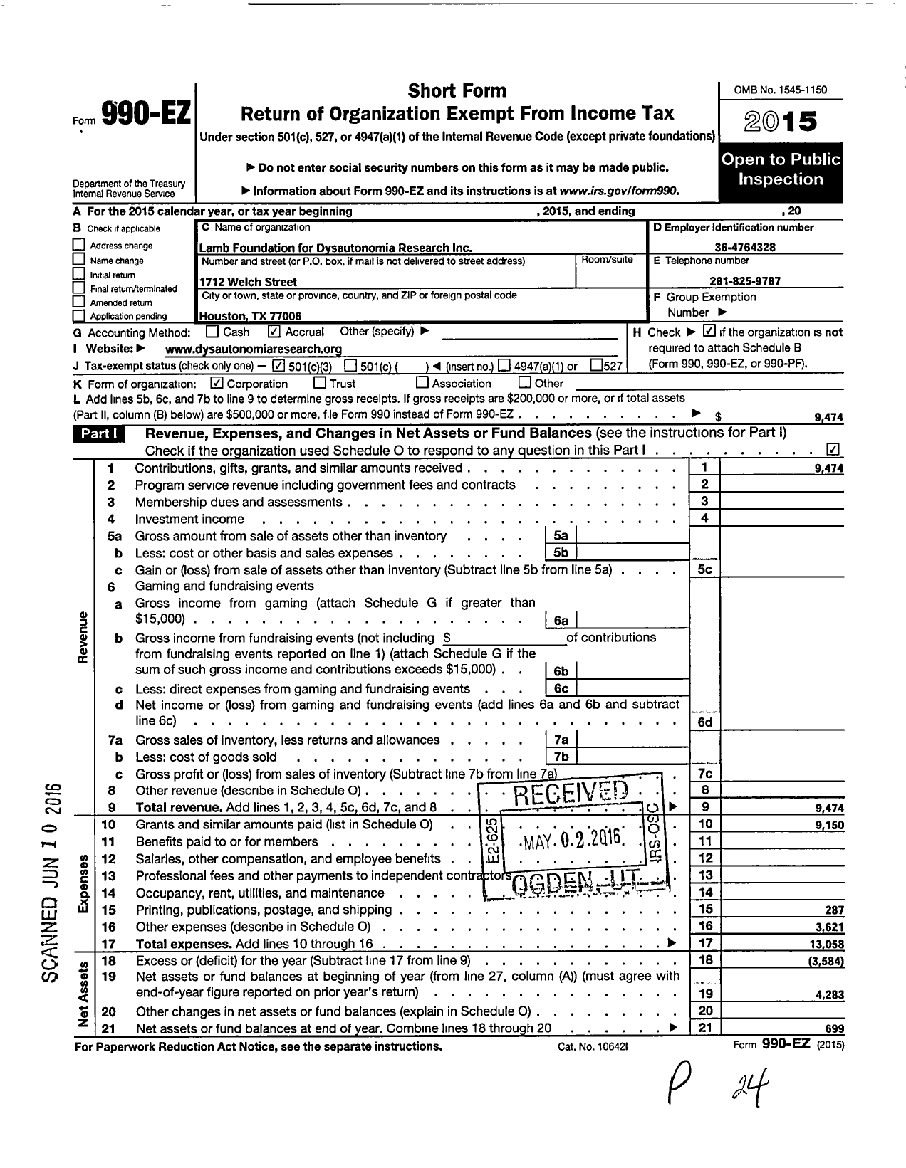 Image of first page of 2015 Form 990EZ for Lamb Foundation for Dysautonomia Research