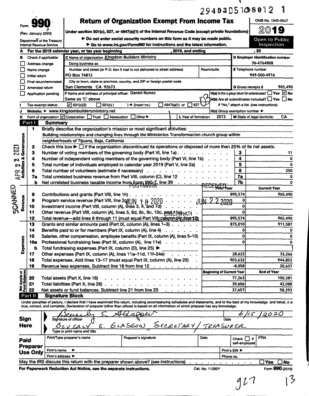 Image of first page of 2019 Form 990 for Kingdom Builders Ministry