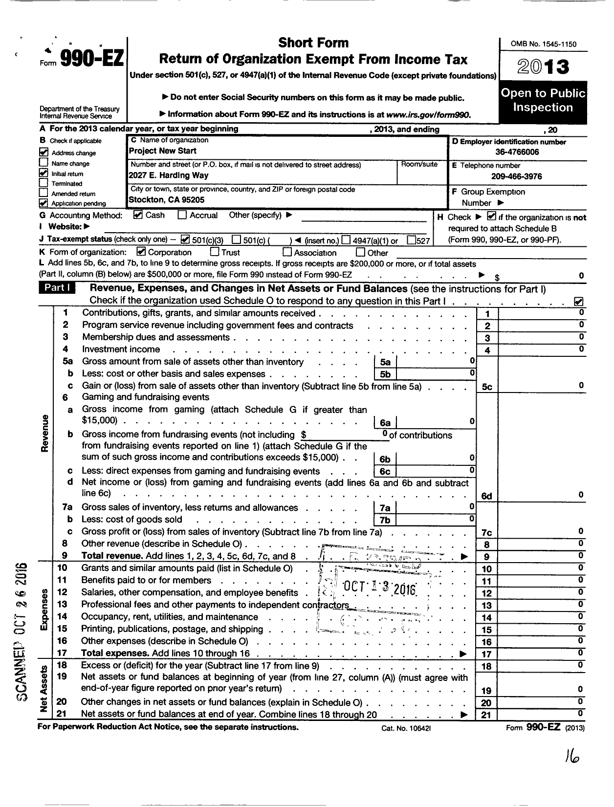 Image of first page of 2013 Form 990EZ for Project New Start