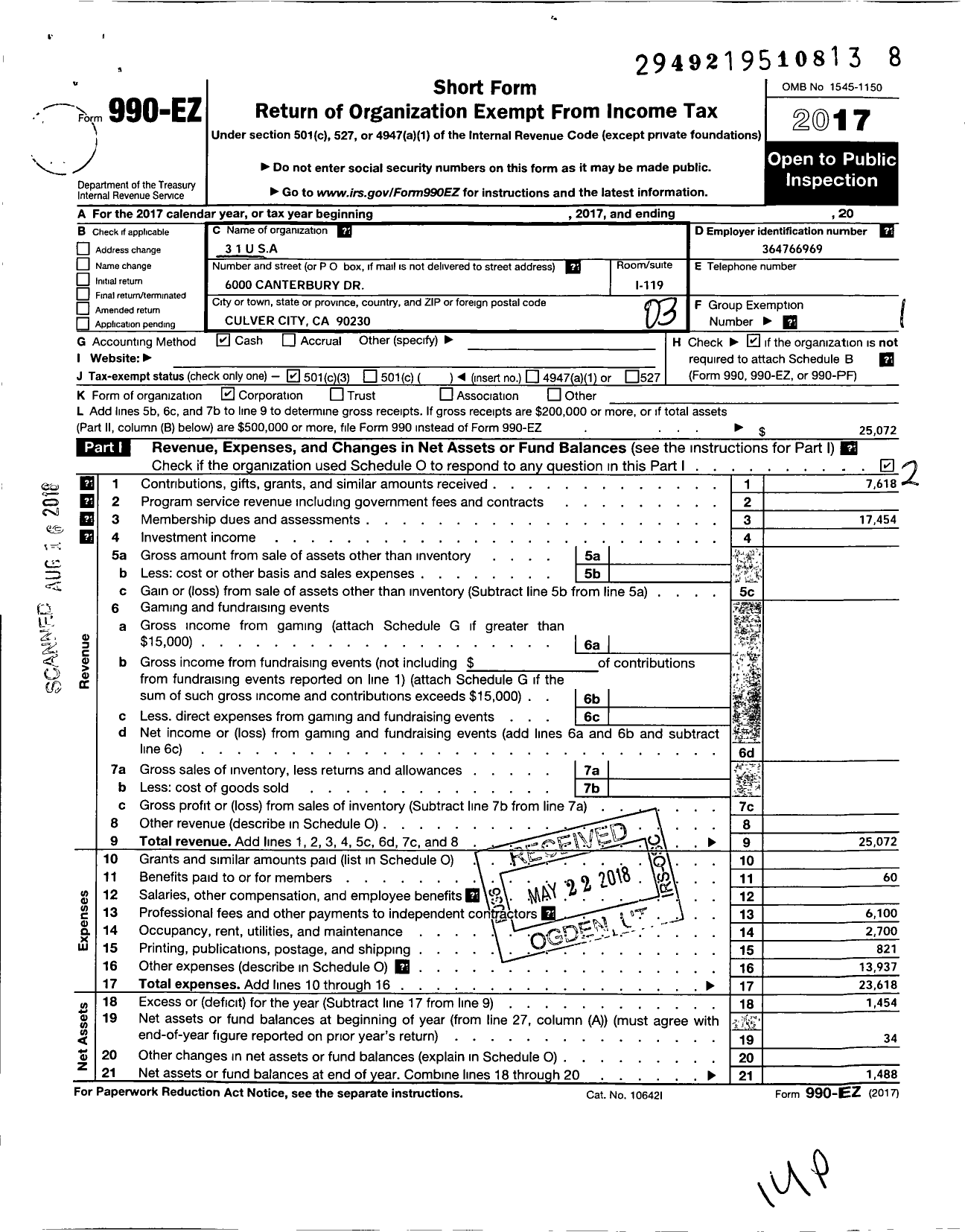 Image of first page of 2017 Form 990EZ for 3 1 U S A