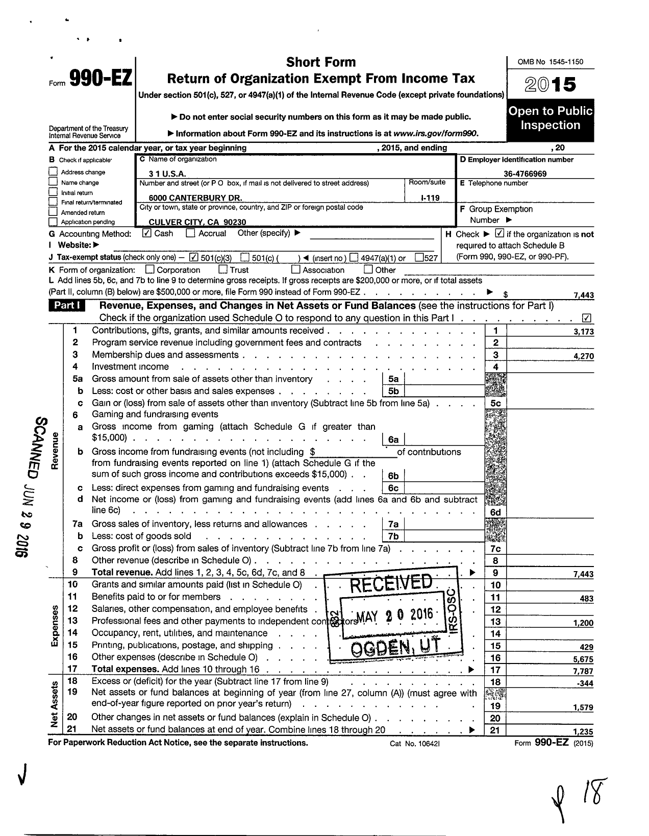 Image of first page of 2015 Form 990EZ for 3 1 U S A