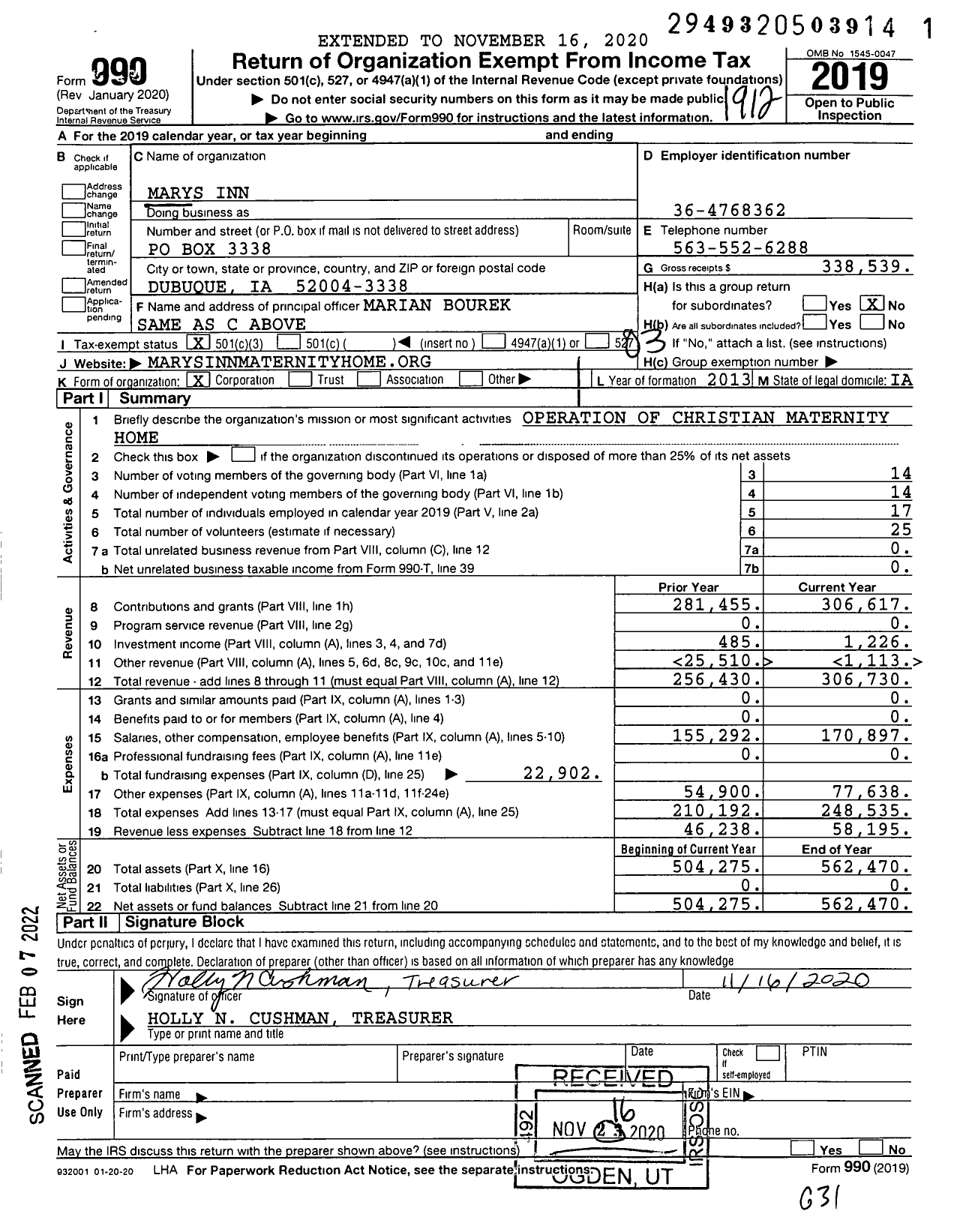 Image of first page of 2019 Form 990 for Marys Inn