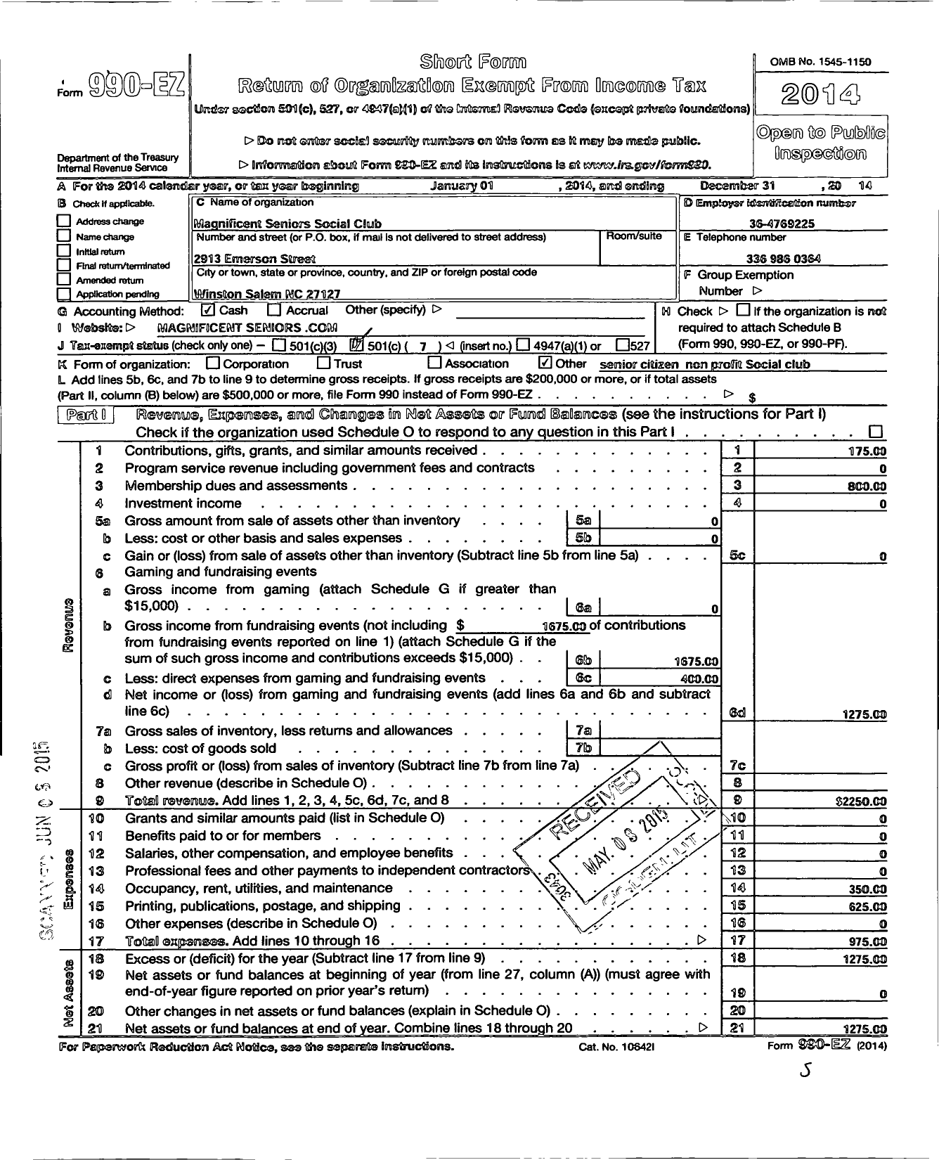 Image of first page of 2014 Form 990EO for Magnificent Seniors Social Club