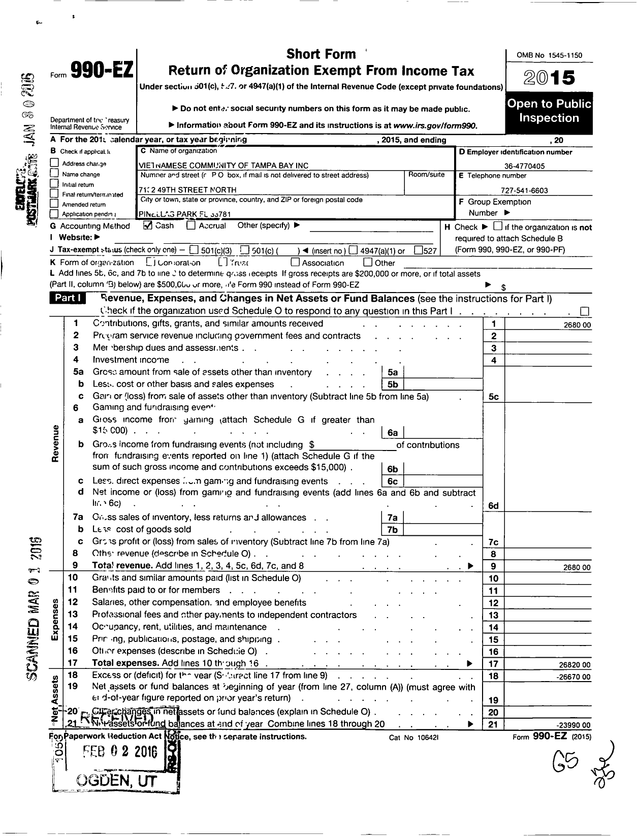 Image of first page of 2015 Form 990EO for Vietnamese Community of Tampa Bay