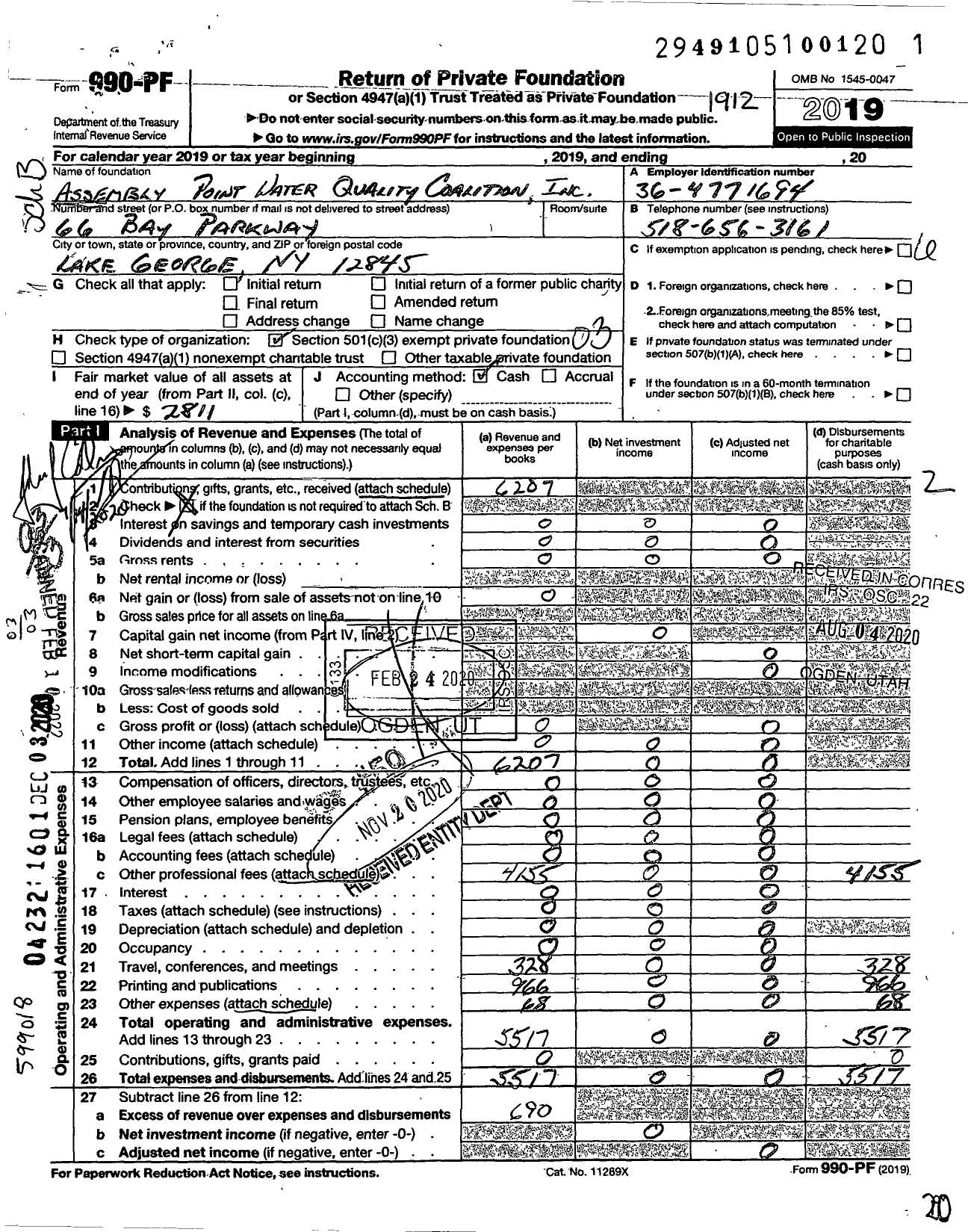 Image of first page of 2019 Form 990PF for Assembly Point Water Quality Coalition