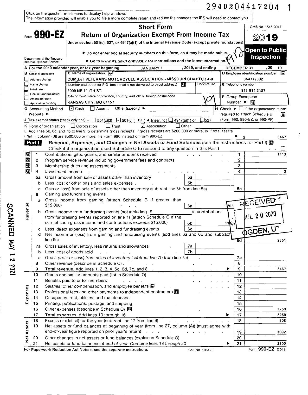 Image of first page of 2019 Form 990EO for Combat Veterans Motorcycle Association - Missouri Chapter 4-8