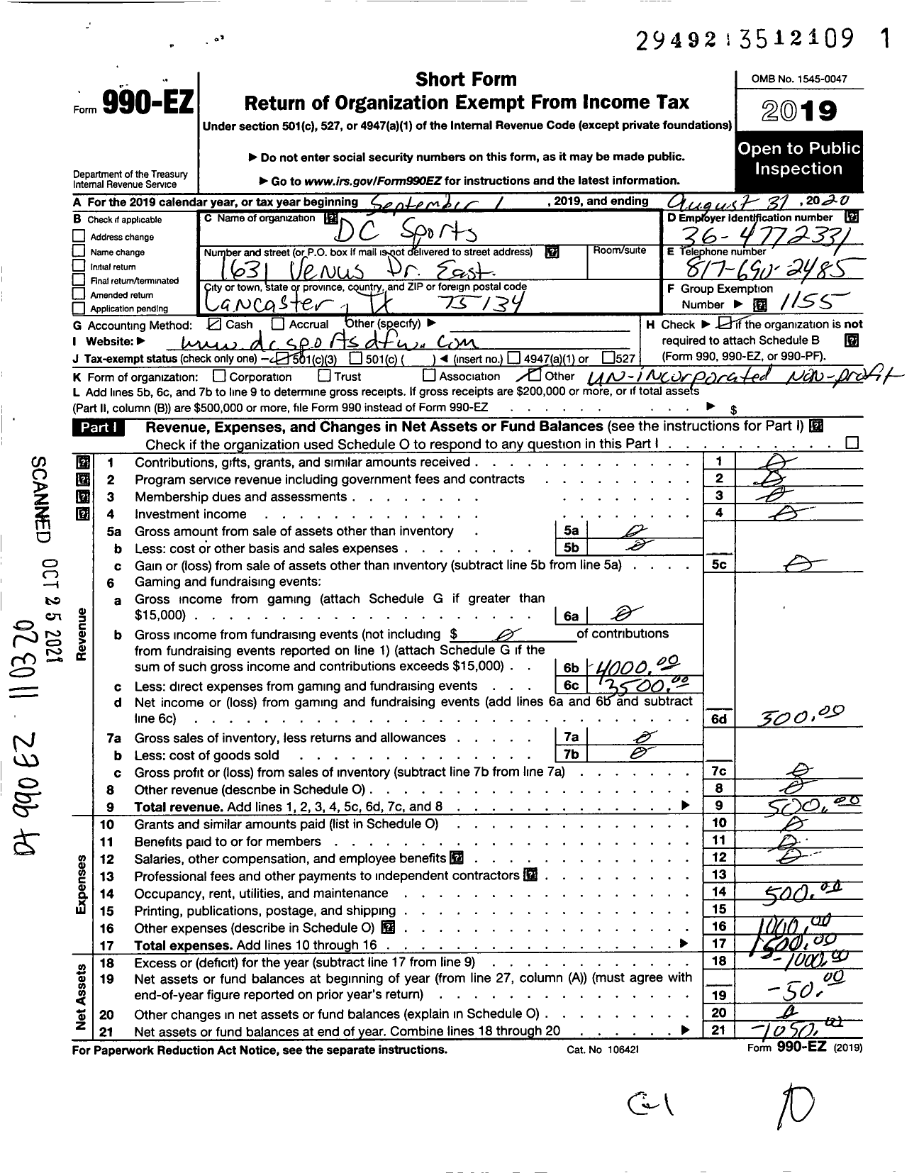 Image of first page of 2019 Form 990EZ for Amateur Athletic Union - DC Sports