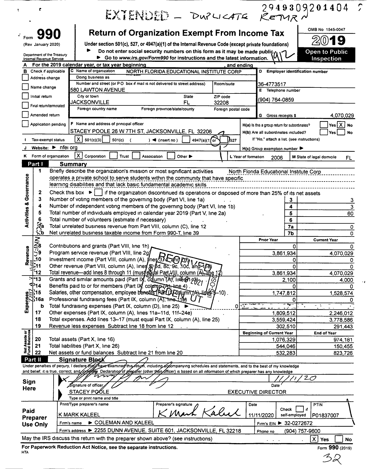 Image of first page of 2019 Form 990 for North Florida Educational Institute Corporation