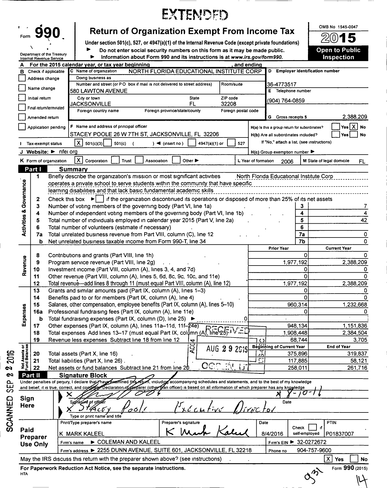 Image of first page of 2015 Form 990 for North Florida Educational Institute Corporation