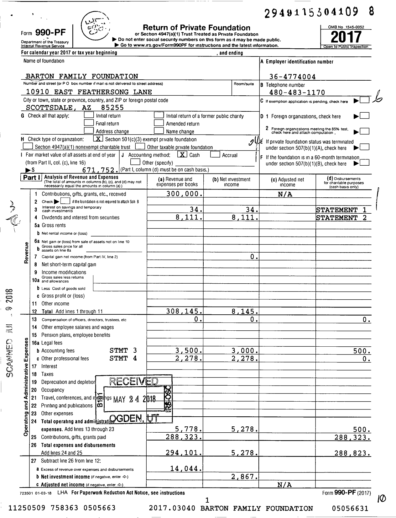 Image of first page of 2017 Form 990PF for Barton Family Foundation