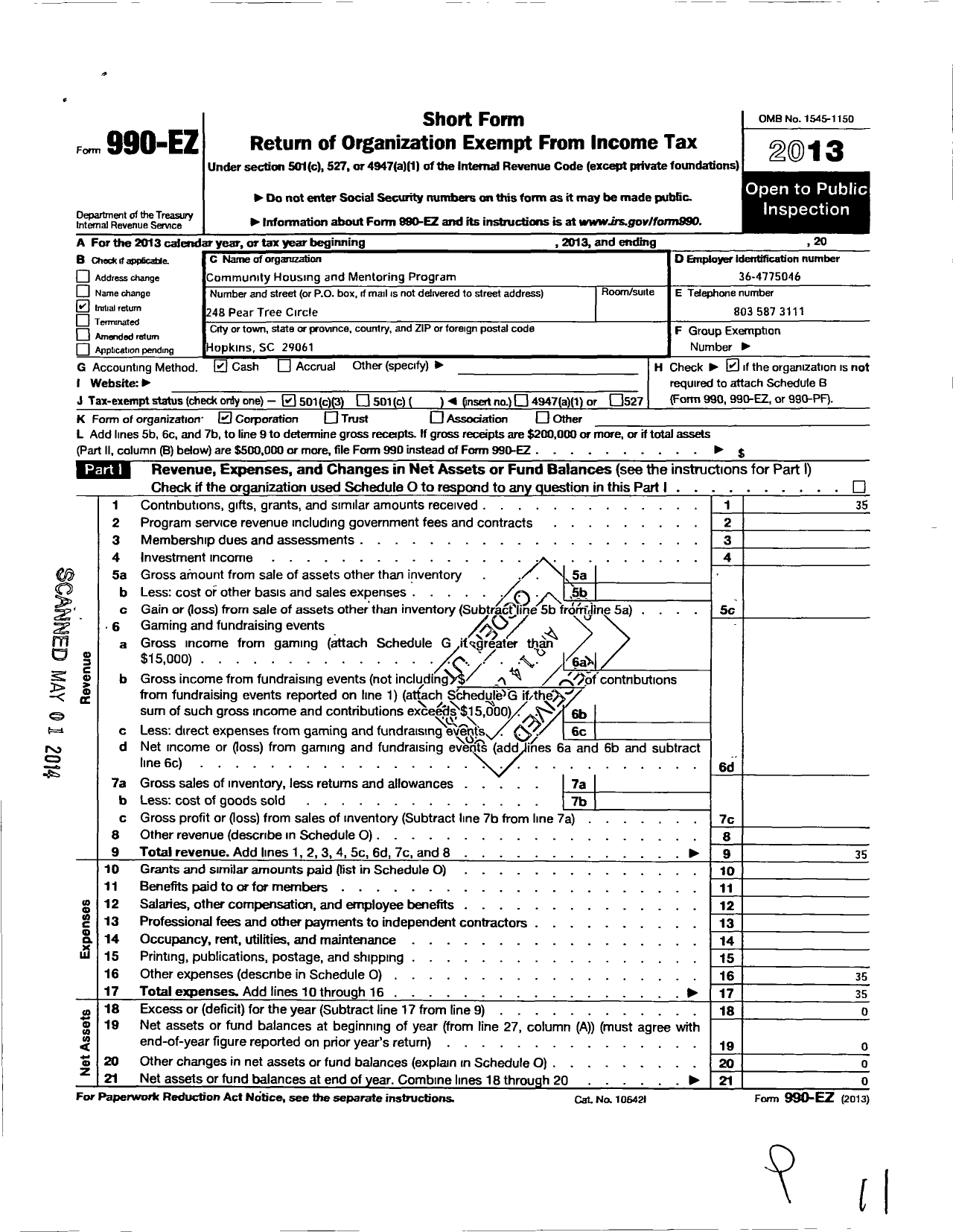 Image of first page of 2013 Form 990EZ for Community Housing and Mentoring Program