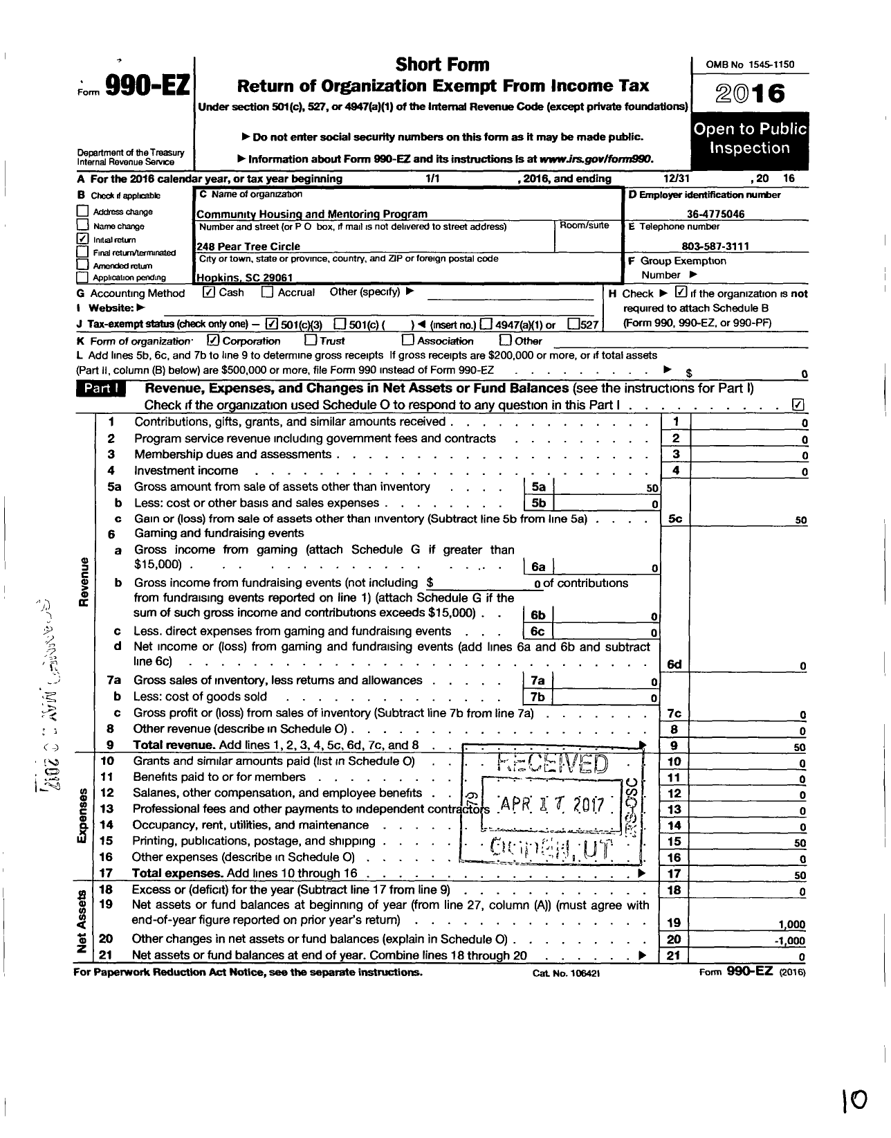 Image of first page of 2016 Form 990EZ for Community Housing and Mentoring Program