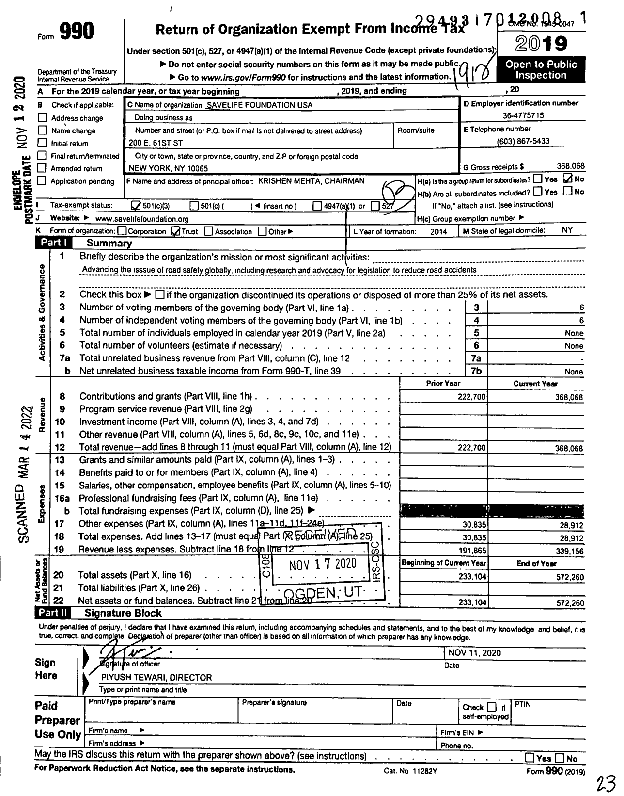 Image of first page of 2019 Form 990 for Savelife Foundation USA