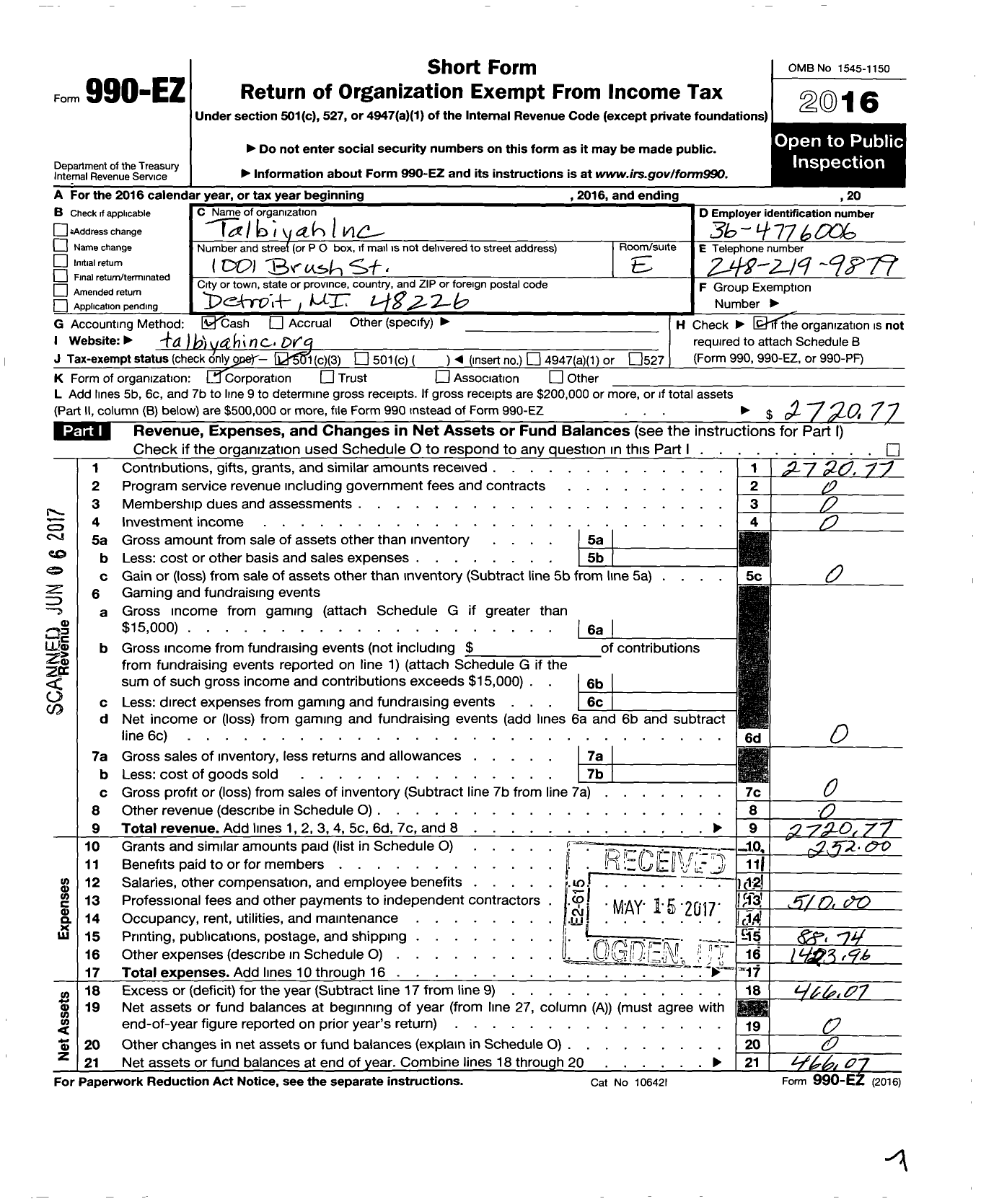 Image of first page of 2016 Form 990EZ for Talbiyah