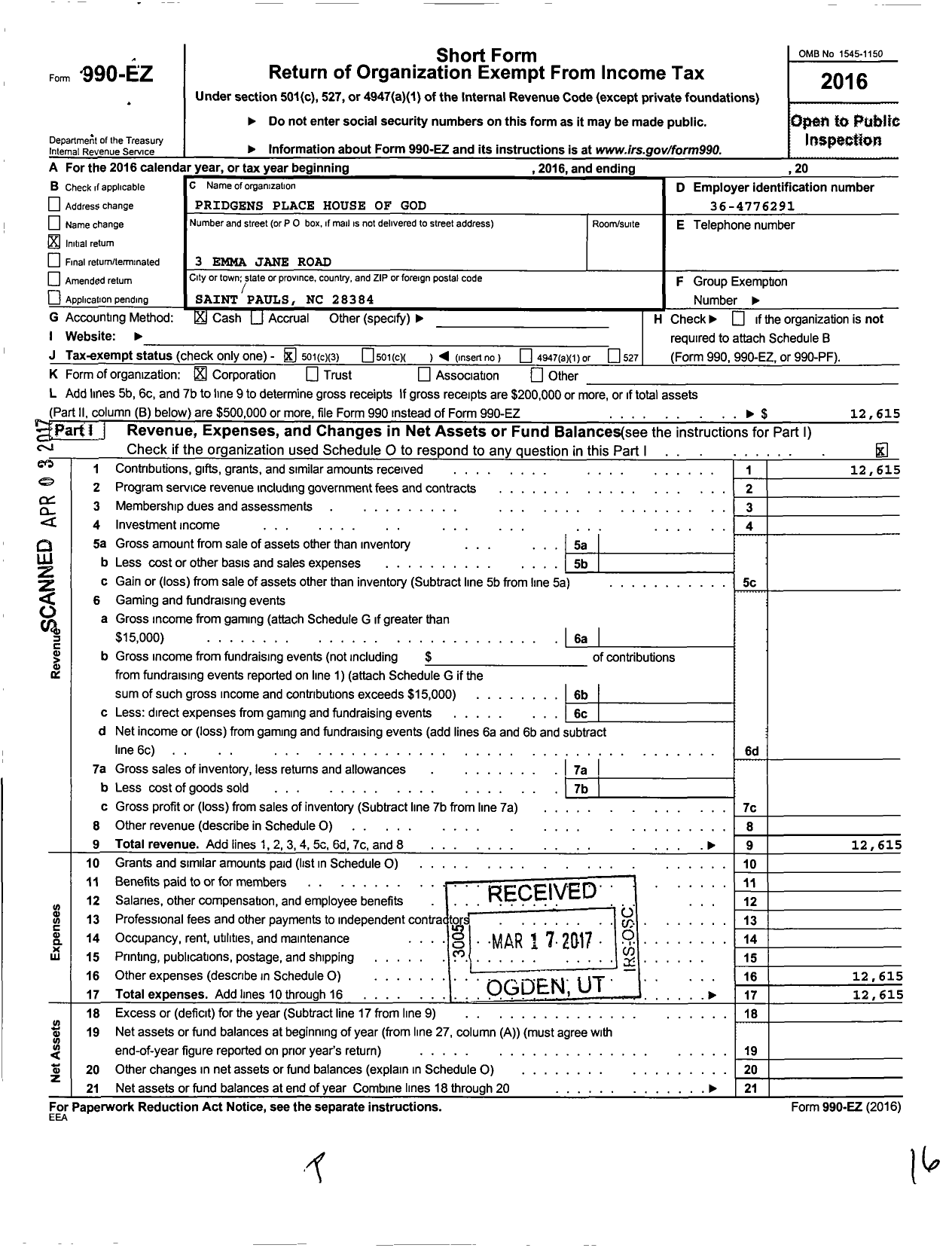 Image of first page of 2016 Form 990EZ for Pridgens Place House of God