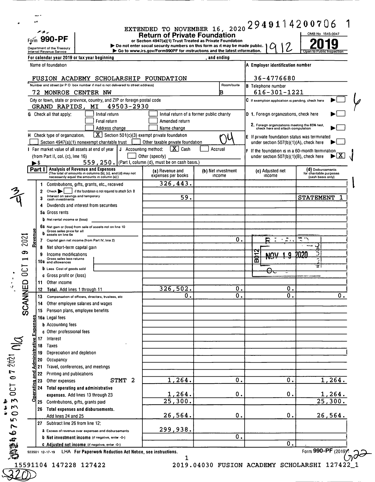 Image of first page of 2019 Form 990PF for Fusion Academy Scholarship Foundation