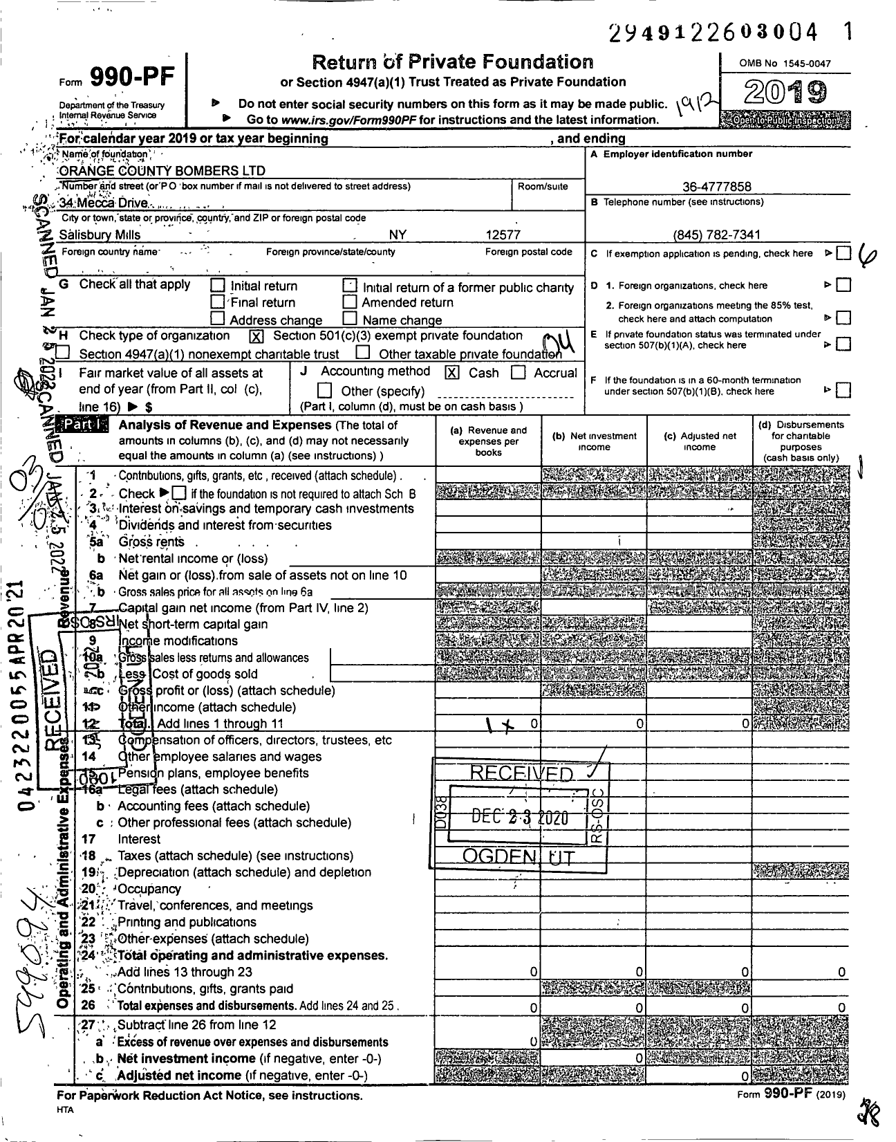 Image of first page of 2019 Form 990PF for Orange County Bombers