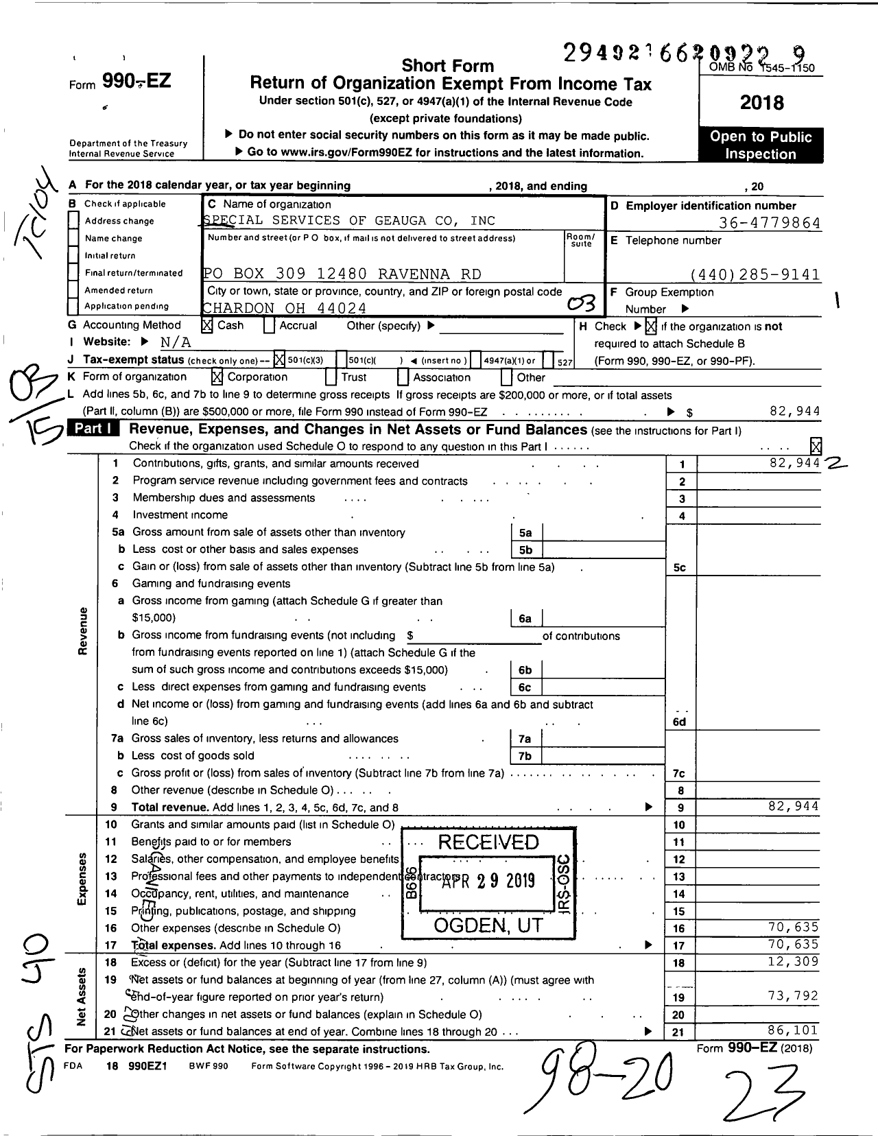 Image of first page of 2018 Form 990EZ for Special Services of Geauga