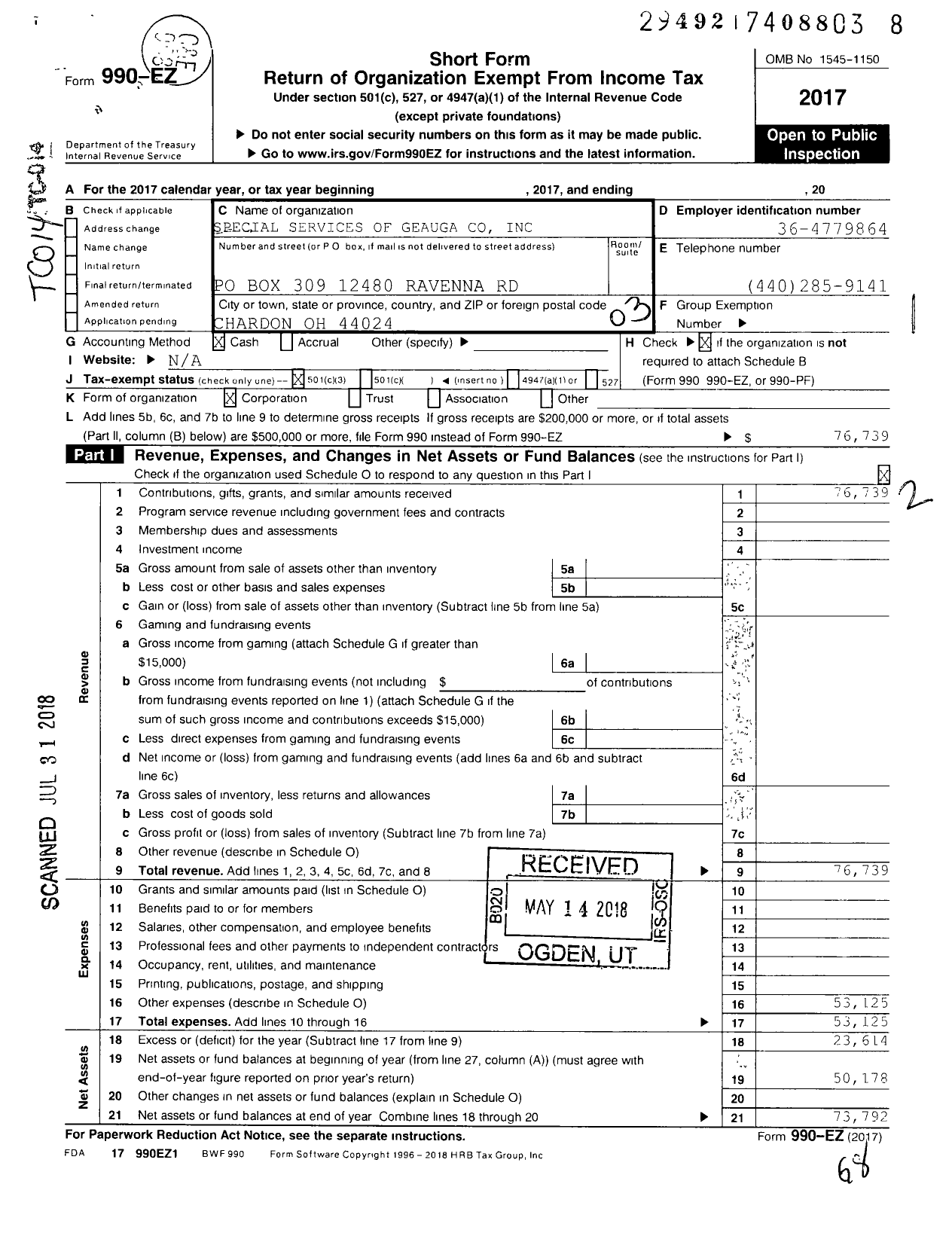 Image of first page of 2017 Form 990EZ for Special Services of Geauga