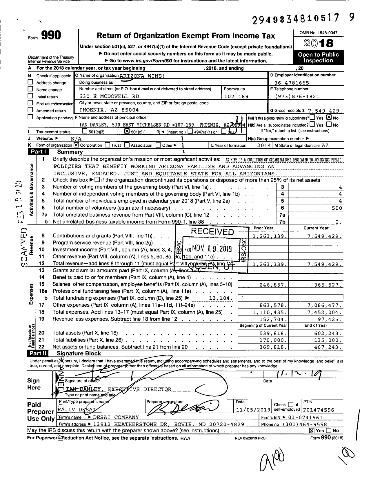 Image of first page of 2018 Form 990O for ARIZONA Wins