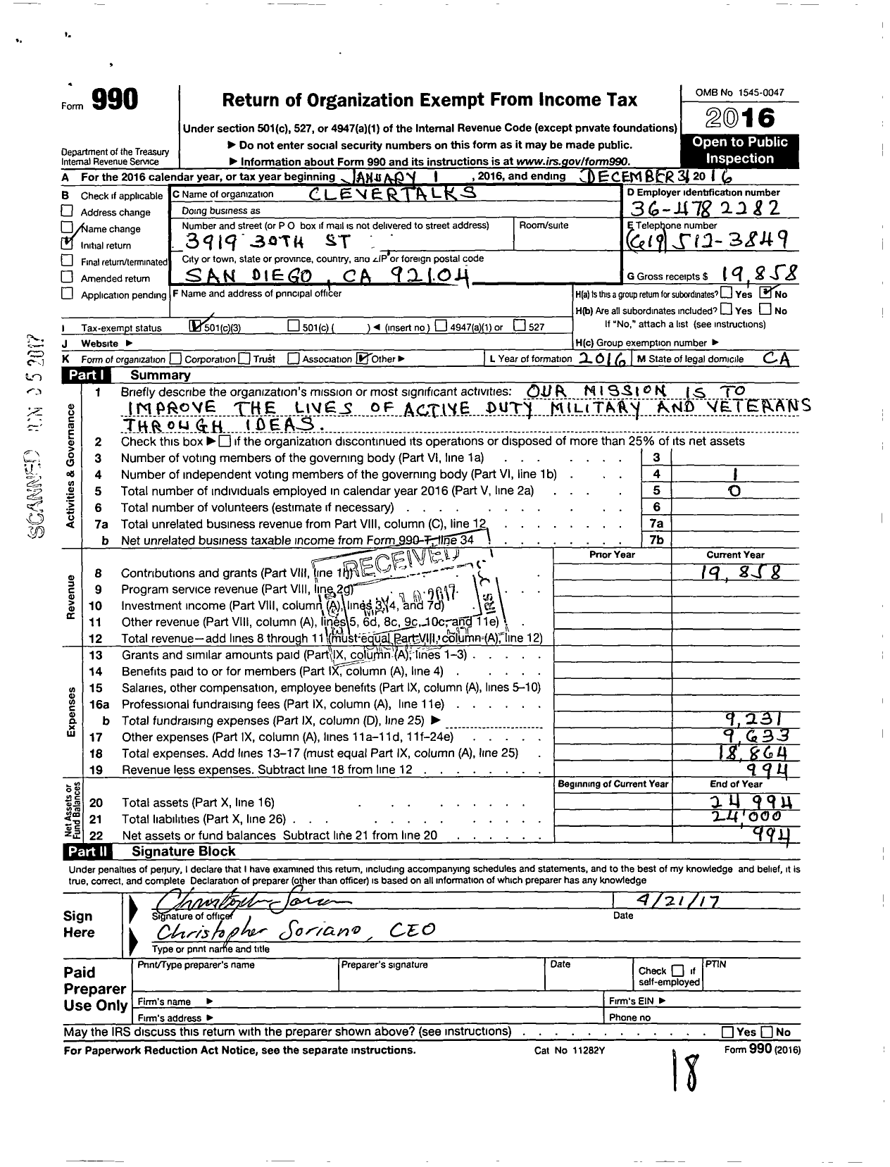 Image of first page of 2016 Form 990 for Clever Talks