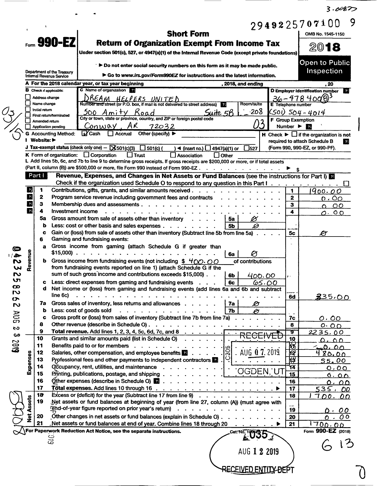 Image of first page of 2018 Form 990EZ for Dream Helpers United