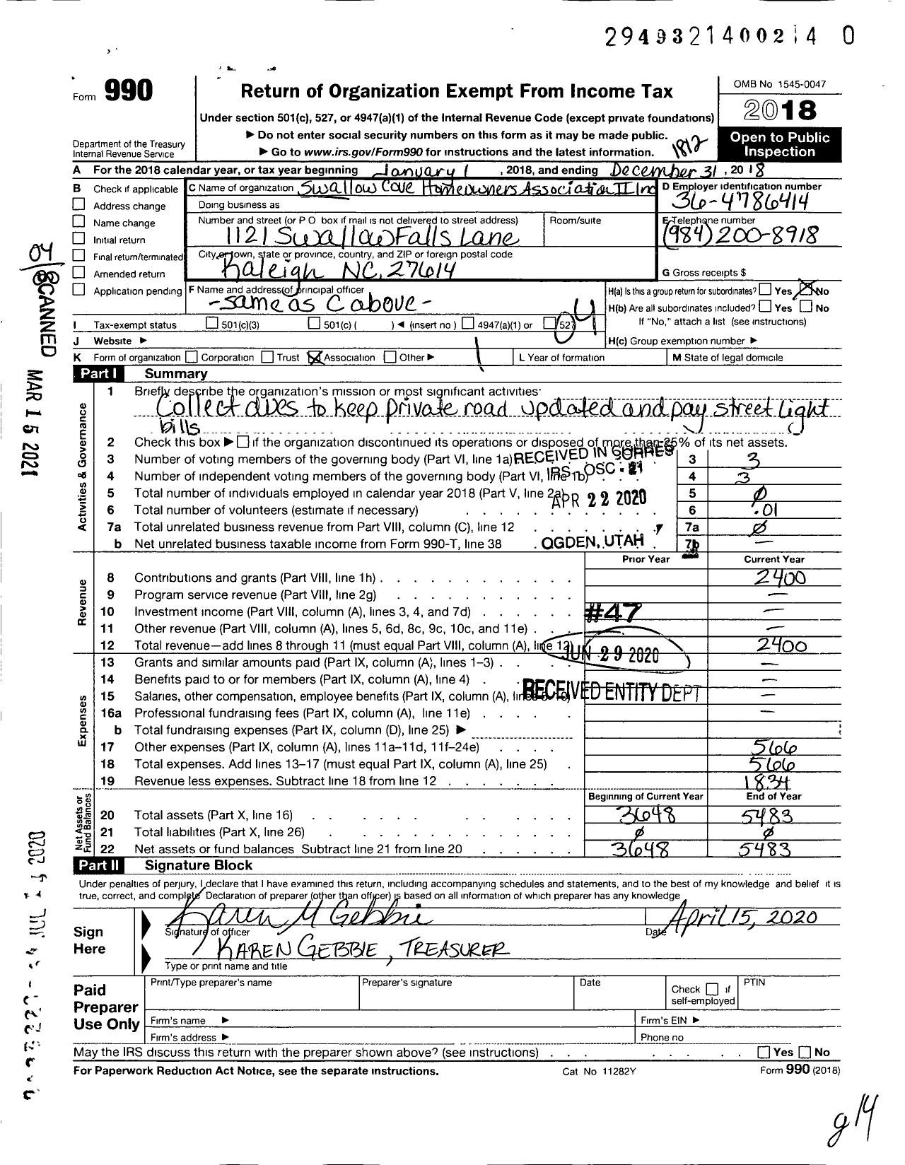 Image of first page of 2018 Form 990O for Swallow Cove Homeowners Association Ii