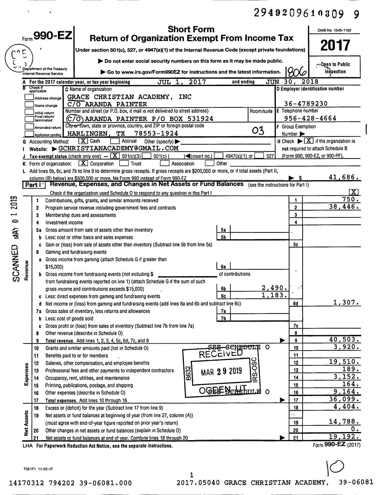 Image of first page of 2017 Form 990EZ for Grace Christian Academy