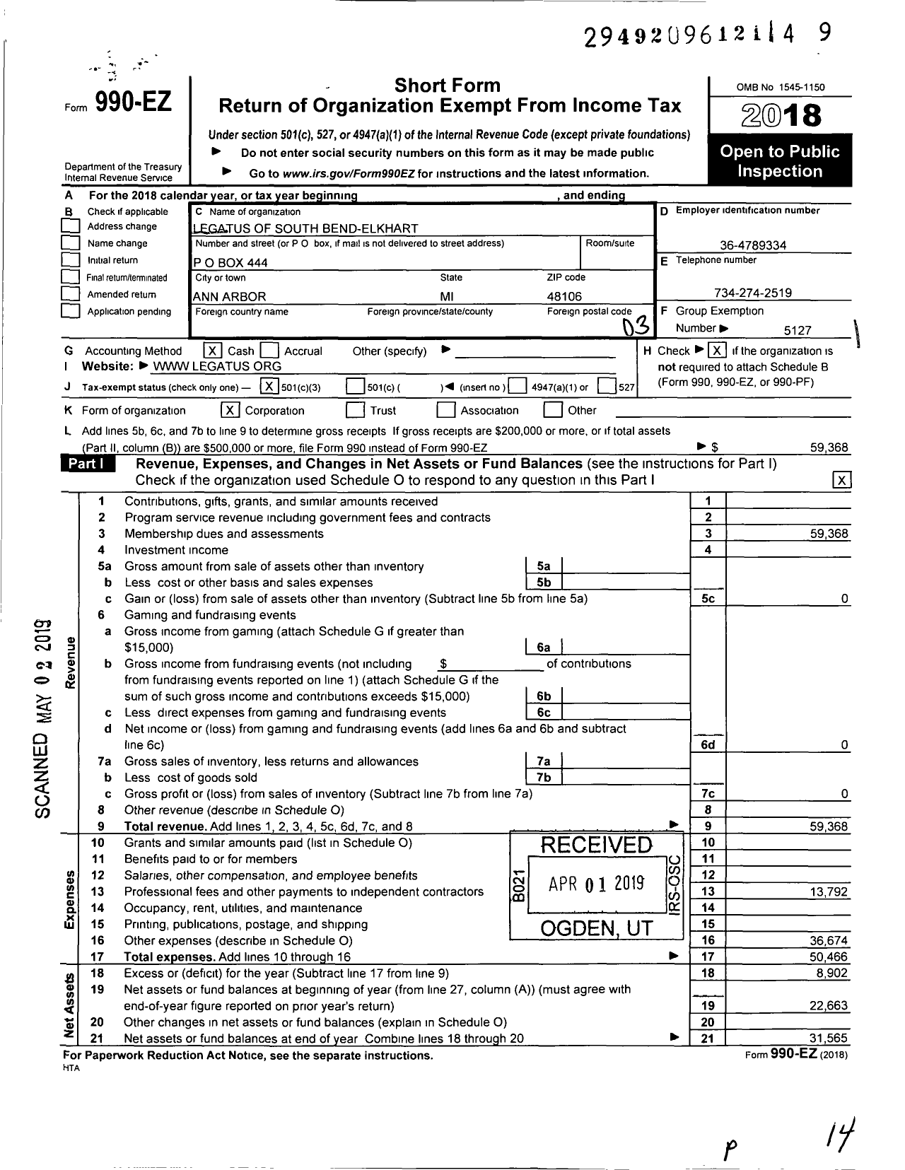 Image of first page of 2018 Form 990EZ for Legatus of South Bend-Elkhart