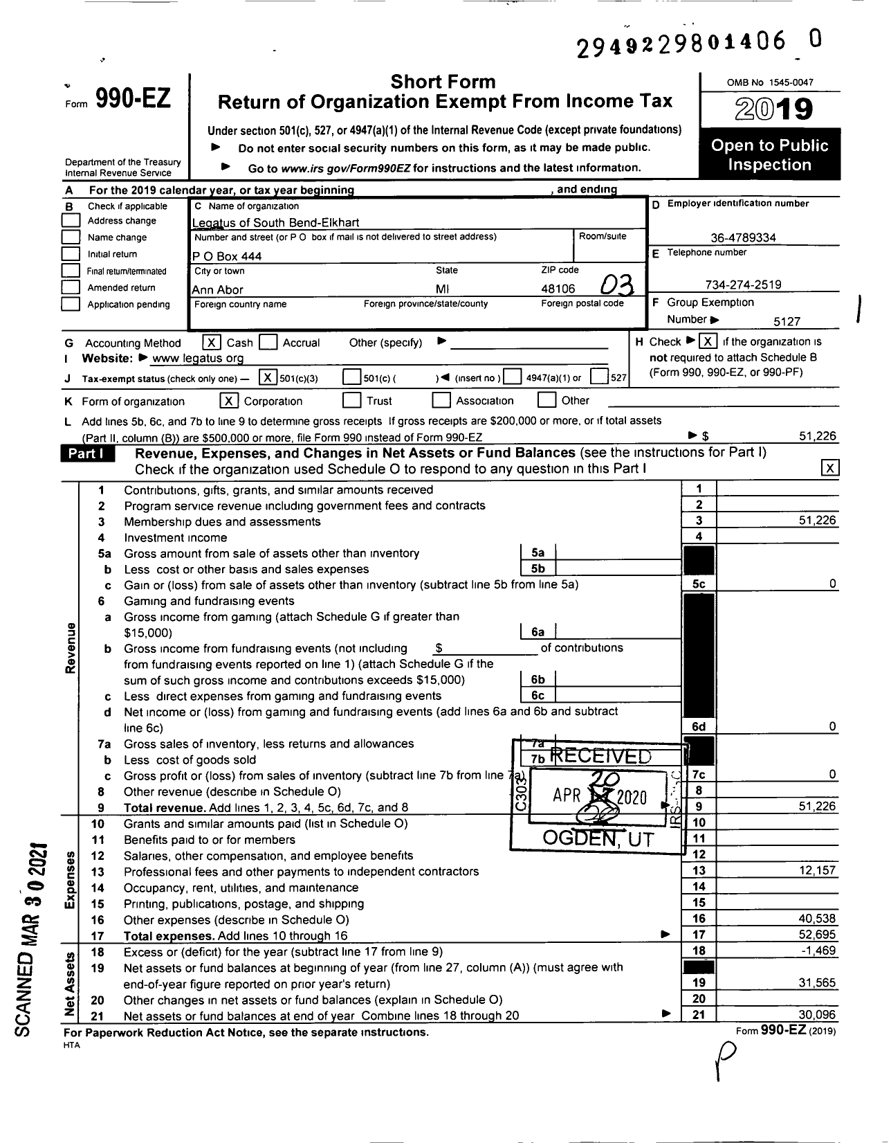 Image of first page of 2019 Form 990EZ for Legatus of South Bend-Elkhart