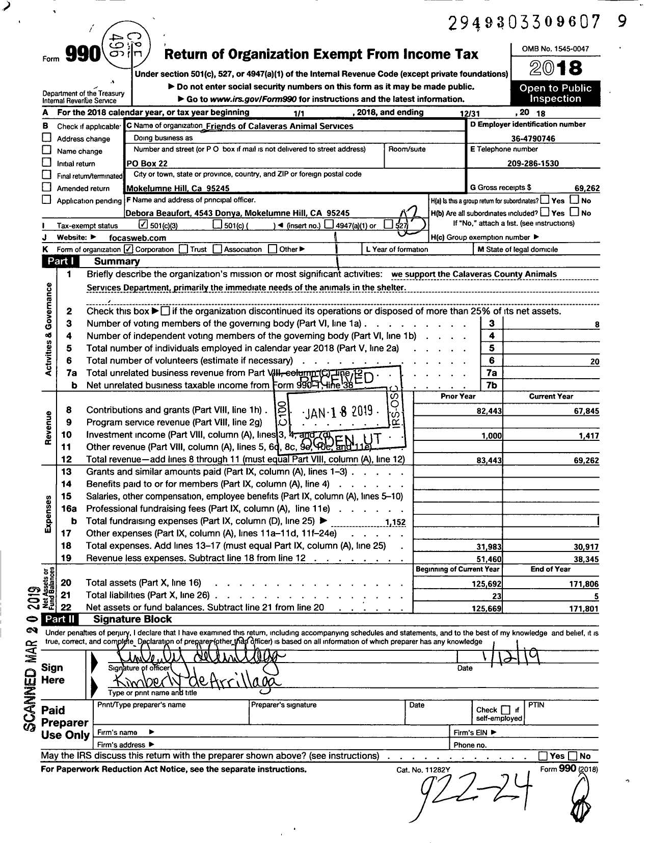 Image of first page of 2018 Form 990 for Friends of Calaveras Animal Services Or Focas