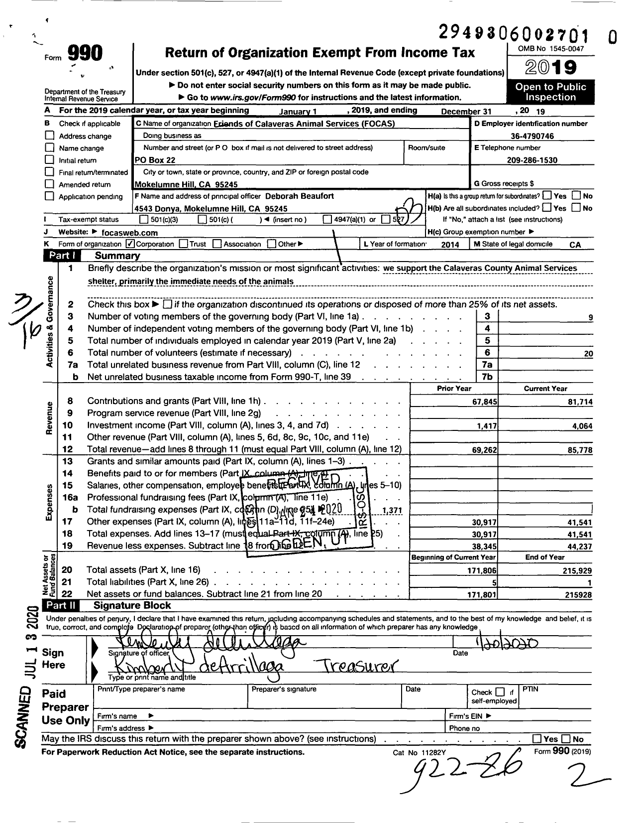 Image of first page of 2019 Form 990 for Friends of Calaveras Animal Services Or Focas