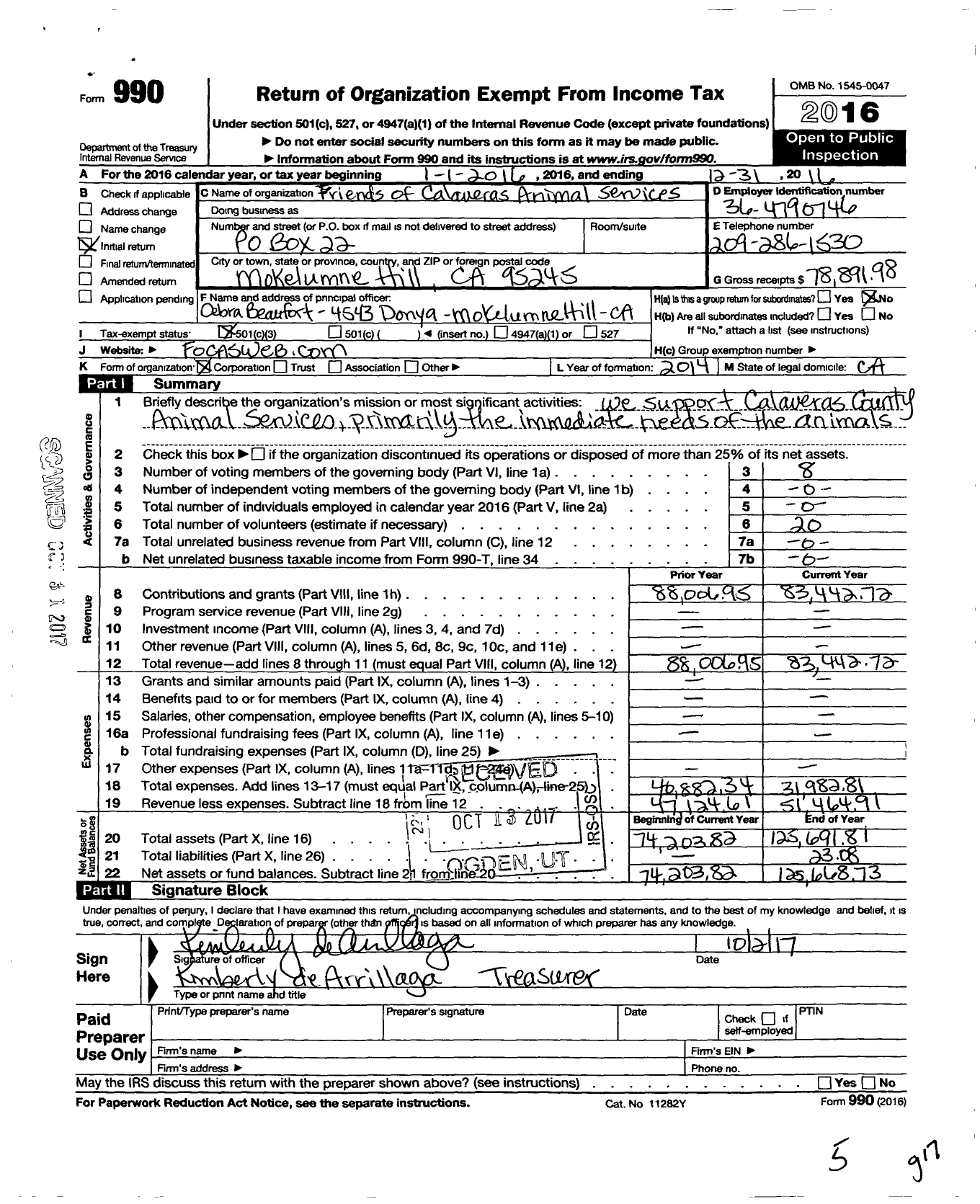 Image of first page of 2016 Form 990 for Friends of Calaveras Animal Services Or Focas