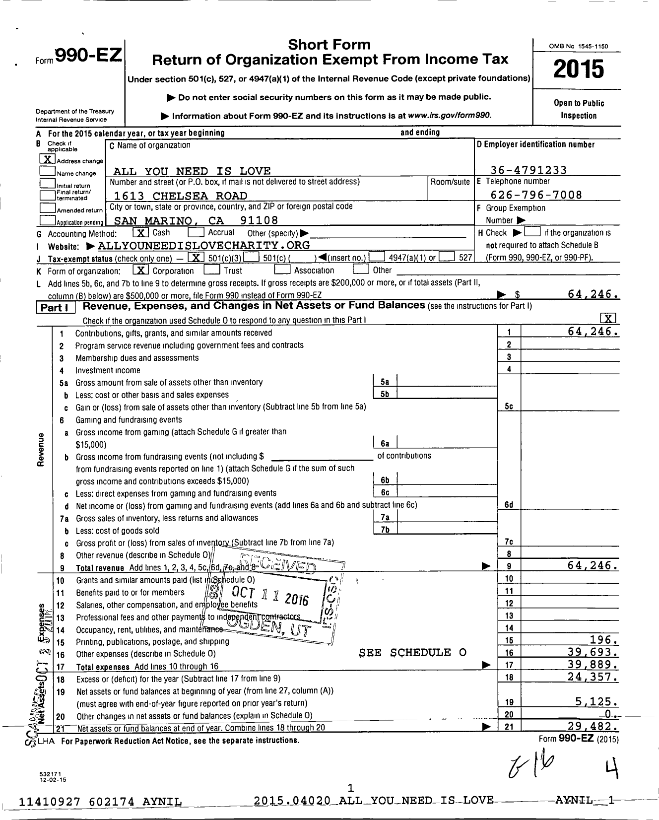 Image of first page of 2015 Form 990EZ for All You Need Is Love