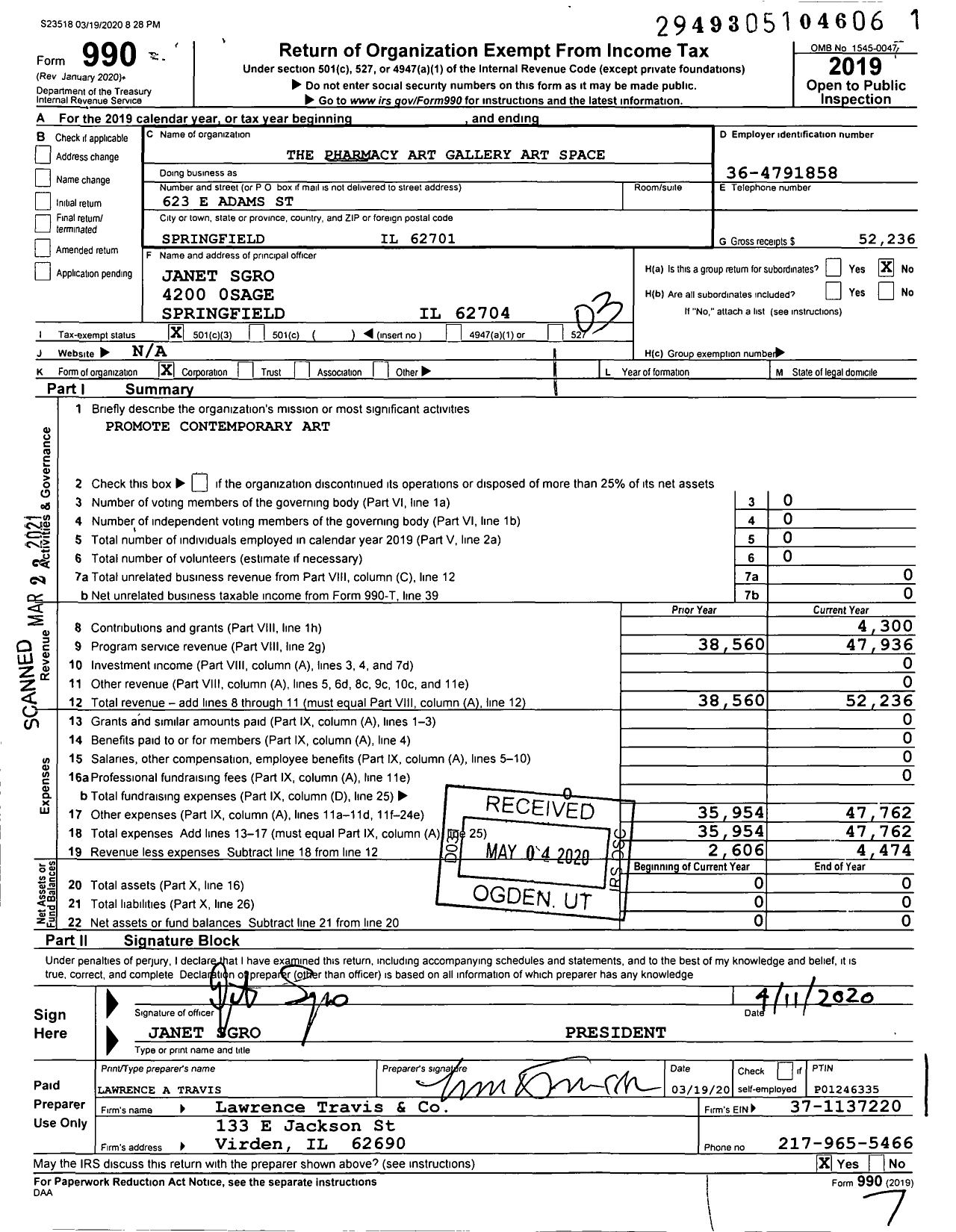 Image of first page of 2019 Form 990 for The Pharmacy Art Gallery Art Space