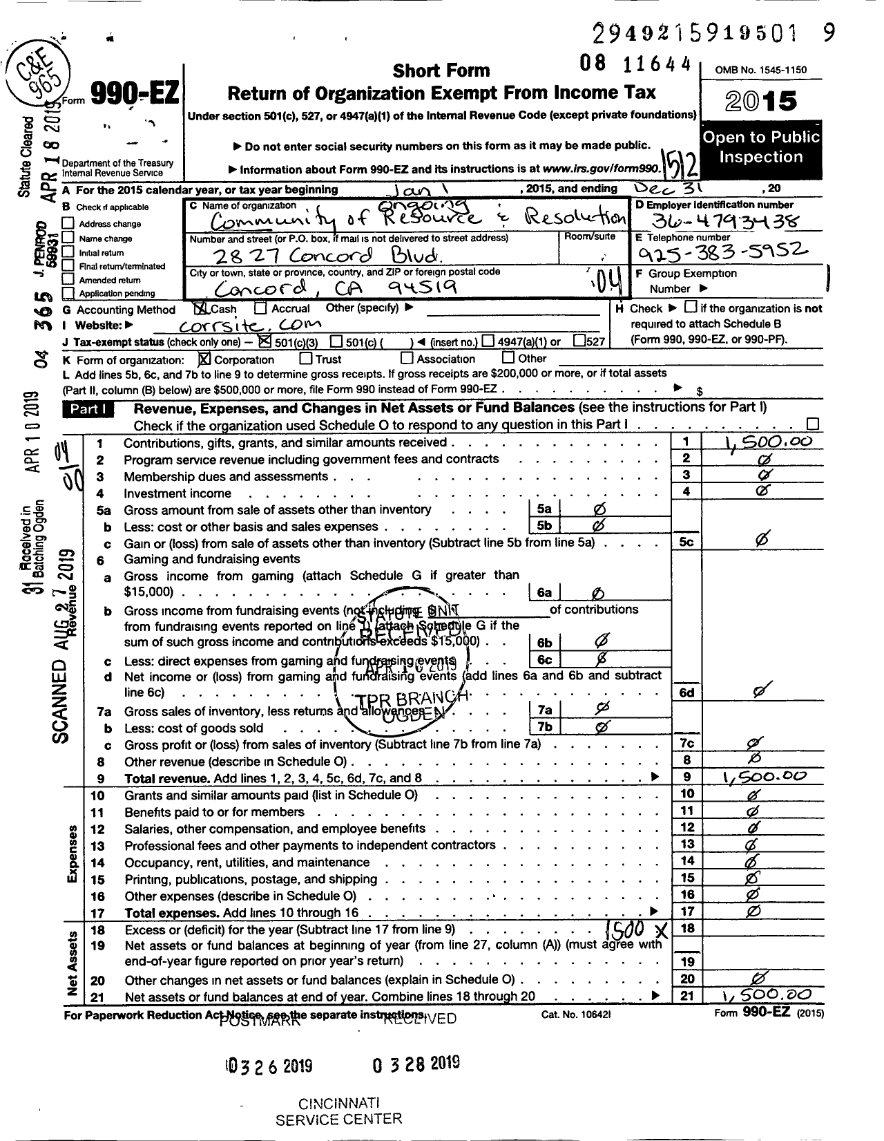 Image of first page of 2015 Form 990EO for Community of Ongoing Resouces and Resolution