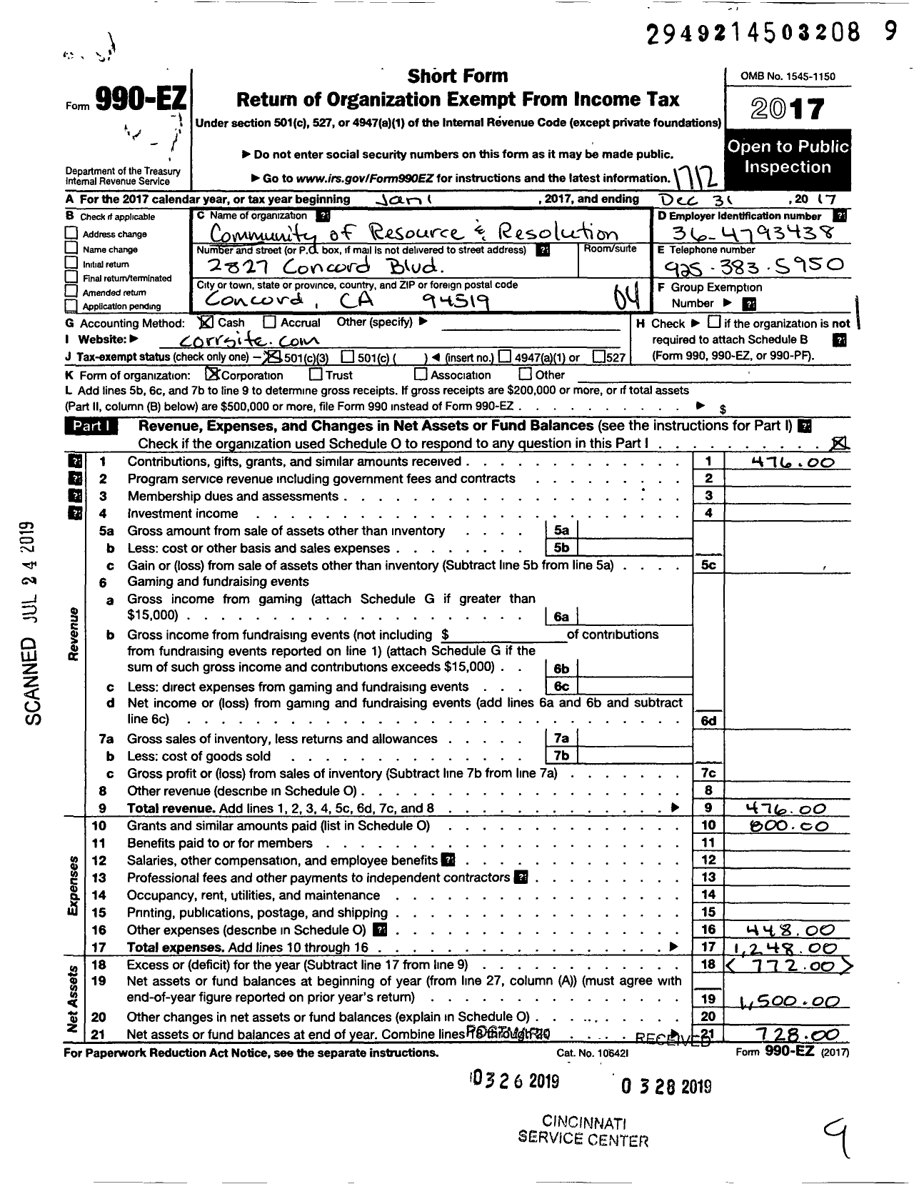 Image of first page of 2017 Form 990EO for Community of Ongoing Resouces and Resolution