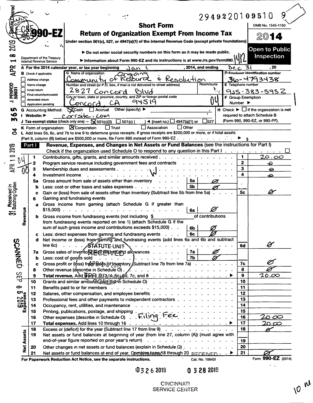 Image of first page of 2014 Form 990EO for Community of Ongoing Resouces and Resolution