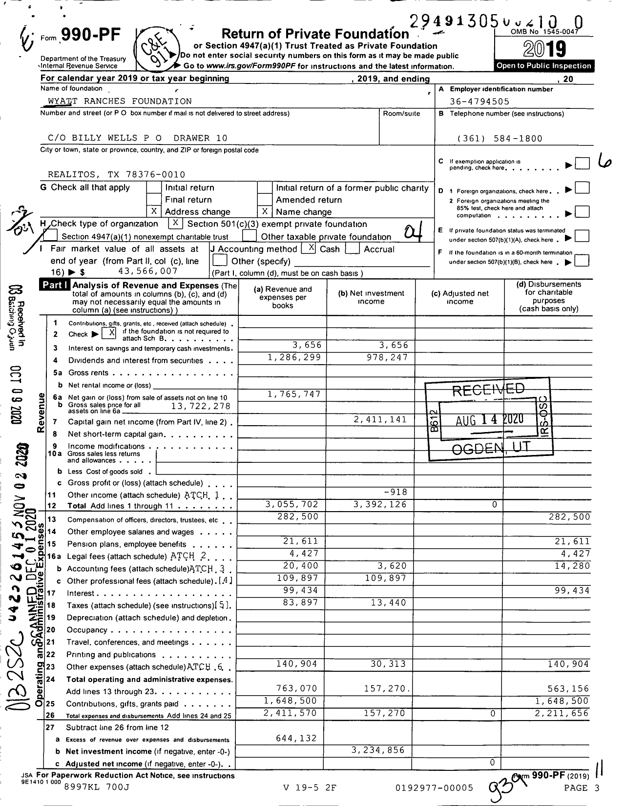 Image of first page of 2019 Form 990PF for Wyatt Ranches Foundation