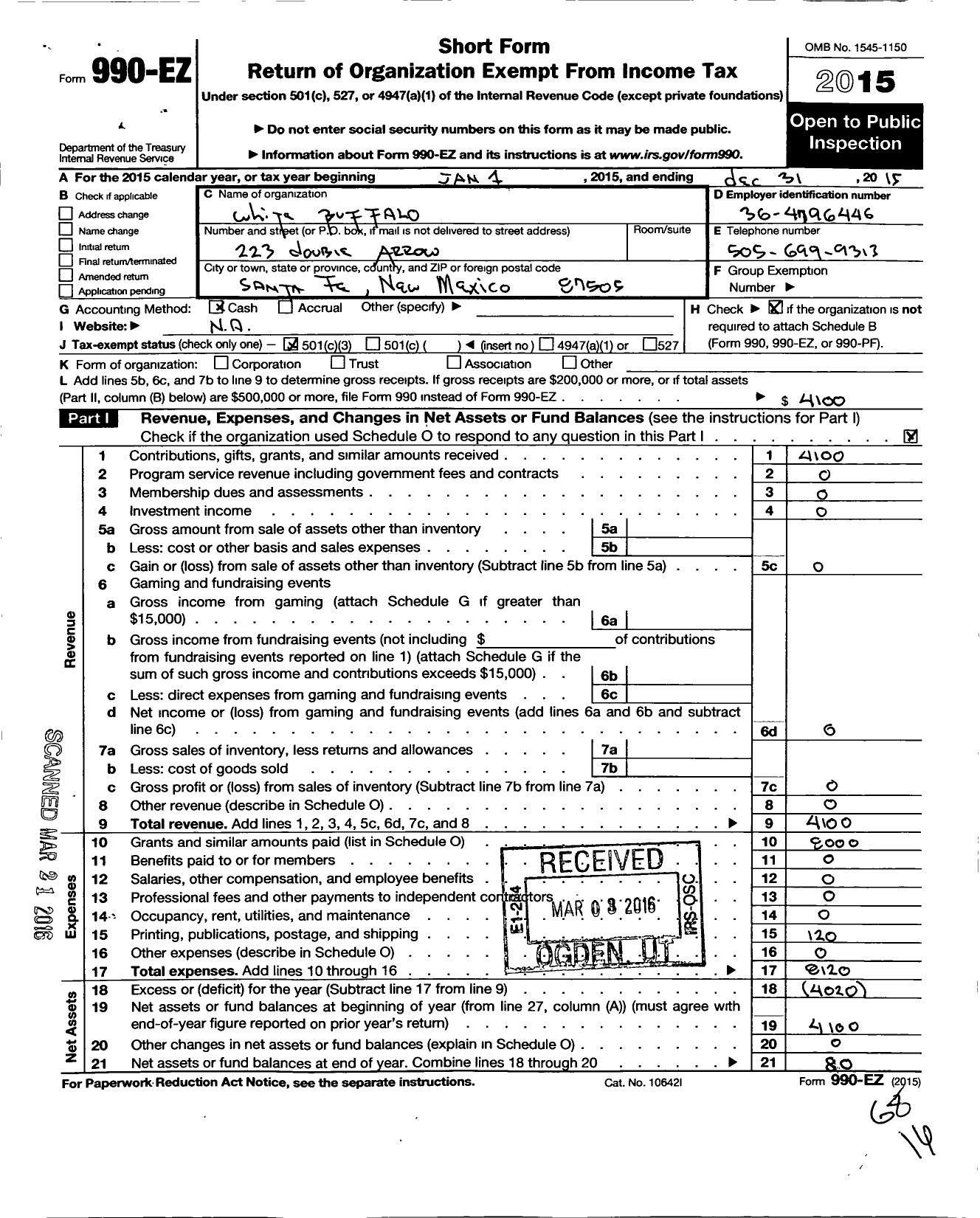 Image of first page of 2015 Form 990EZ for White Buffalo