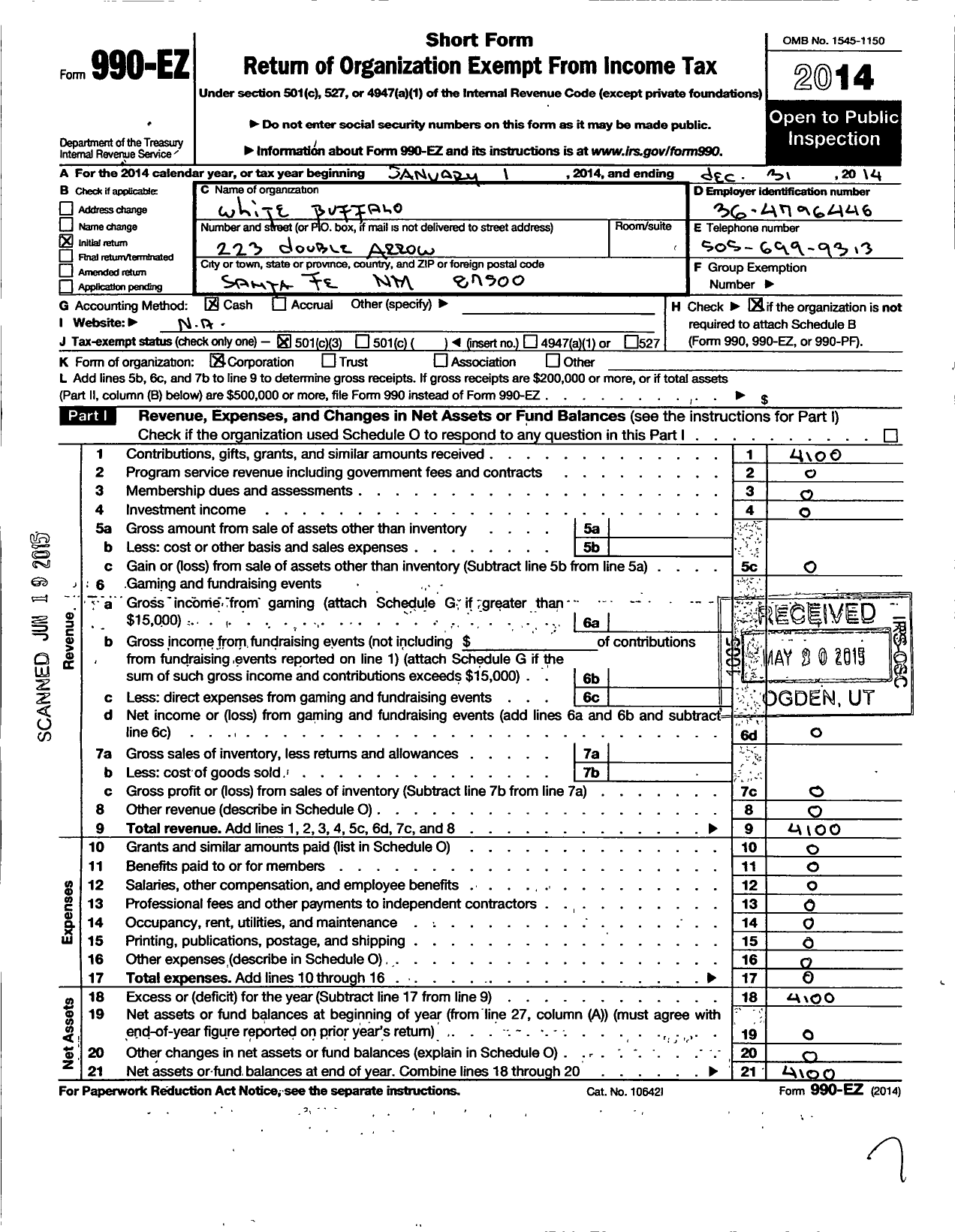 Image of first page of 2014 Form 990EZ for White Buffalo