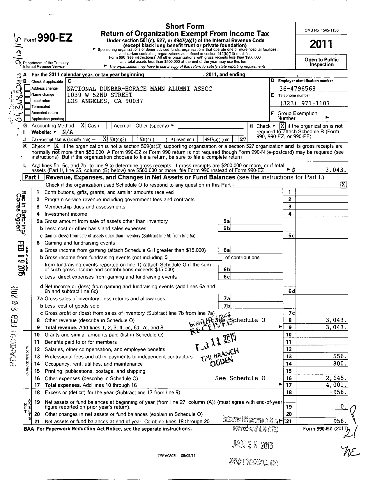 Image of first page of 2011 Form 990EZ for National Dunbar Horace Mann Alumni Association of Little Rock Arkansas