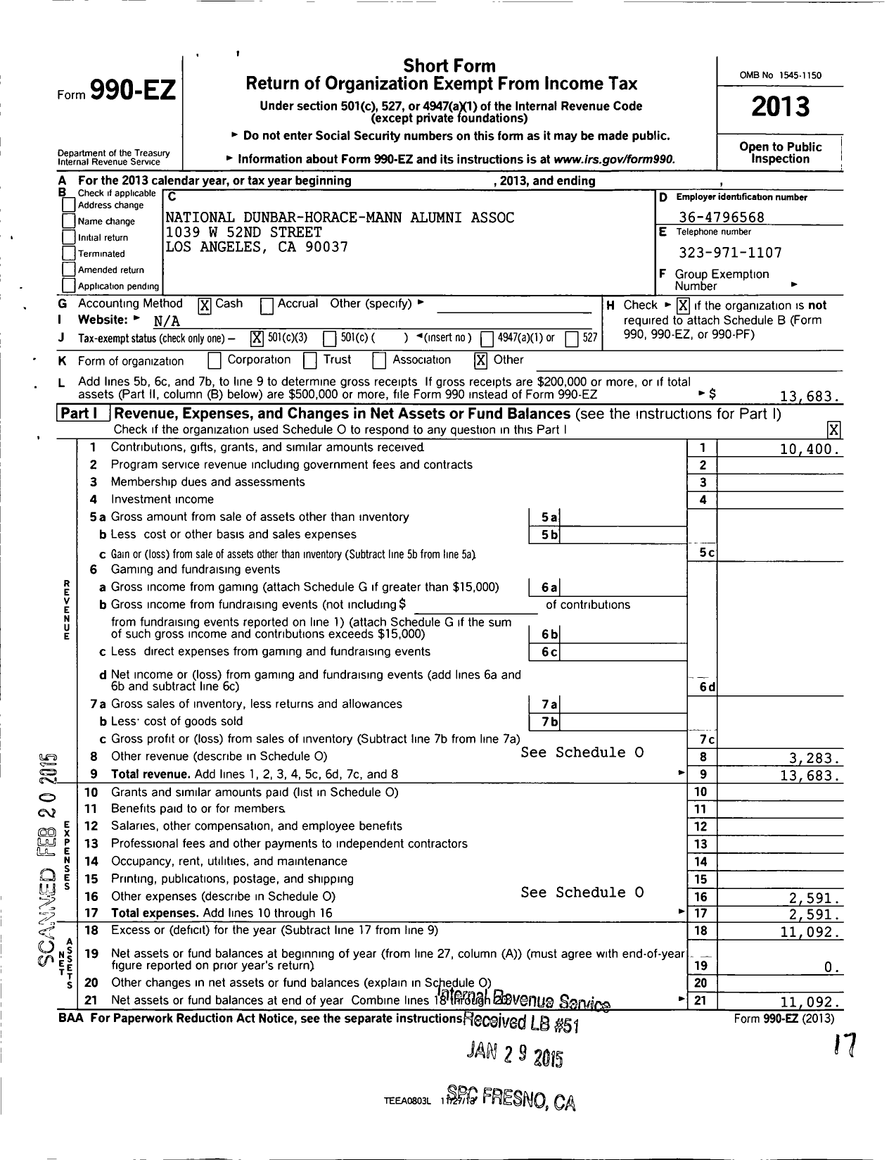 Image of first page of 2013 Form 990EZ for National Dunbar Horace Mann Alumni Association of Little Rock Arkansas